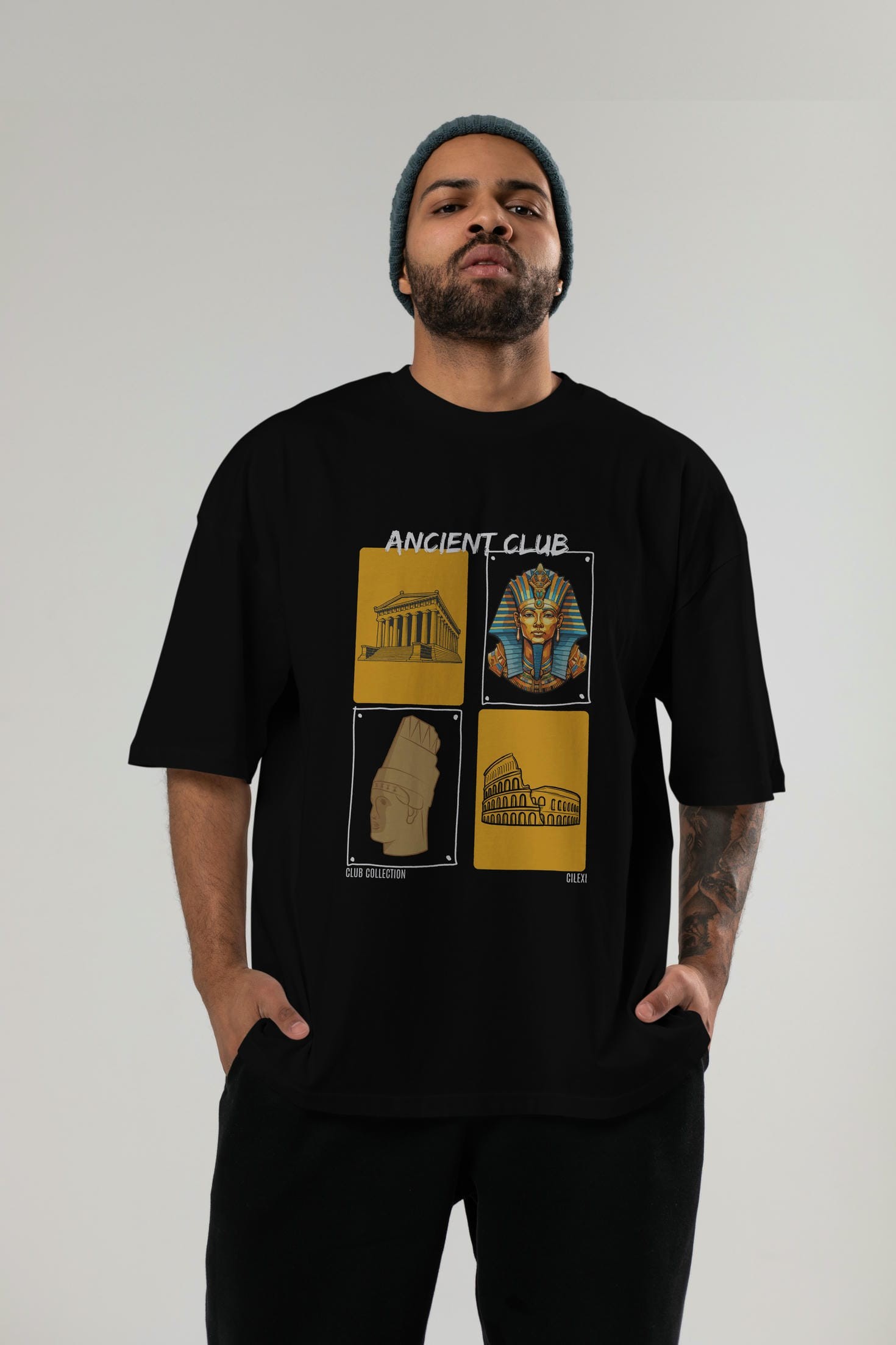 Ancient Club ön Baskılı Oversize t-shirt Erkek Kadın %100 Pamuk Bisiklet Yaka tişort