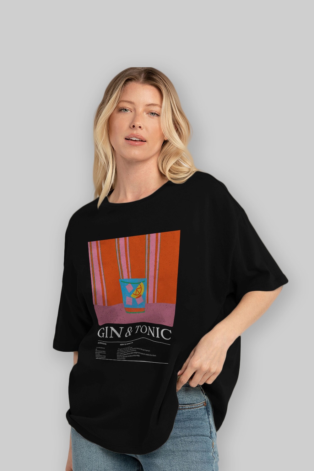 Gin tonic Kokteyl Ön Baskılı Oversize t-shirt Erkek Kadın %100 Pamuk Bisiklet Yaka tişort