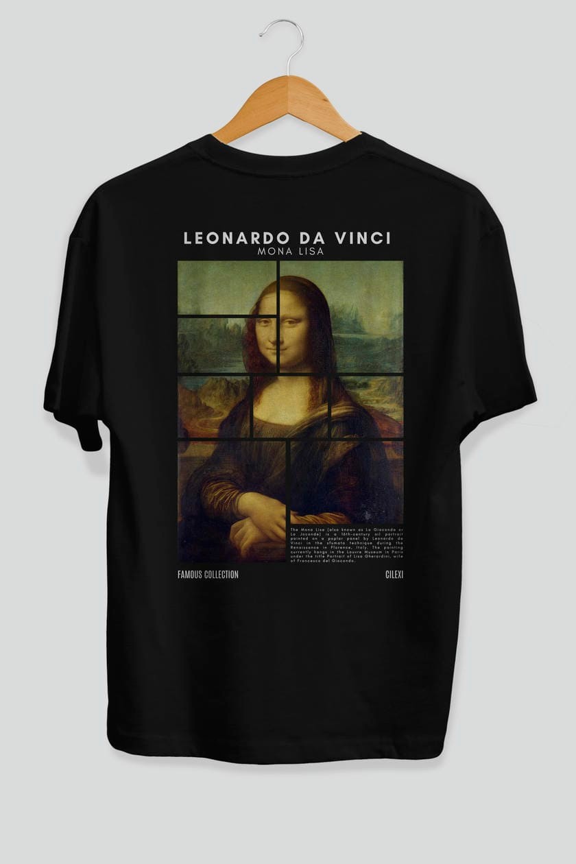 Leonardo Da Vinci Mona Lisa Arka Baskılı Oversize t-shirt Erkek Kadın Bisiklet Yaka Pamuk tişort