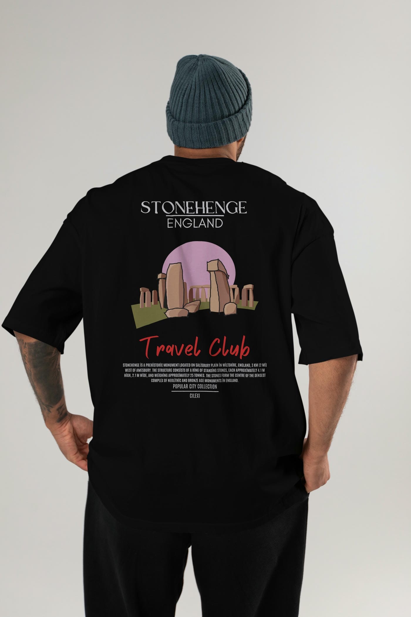 Stonehenge England Arka Baskılı Oversize t-shirt Erkek Kadın Pamuk Bisiklet Yaka tişort