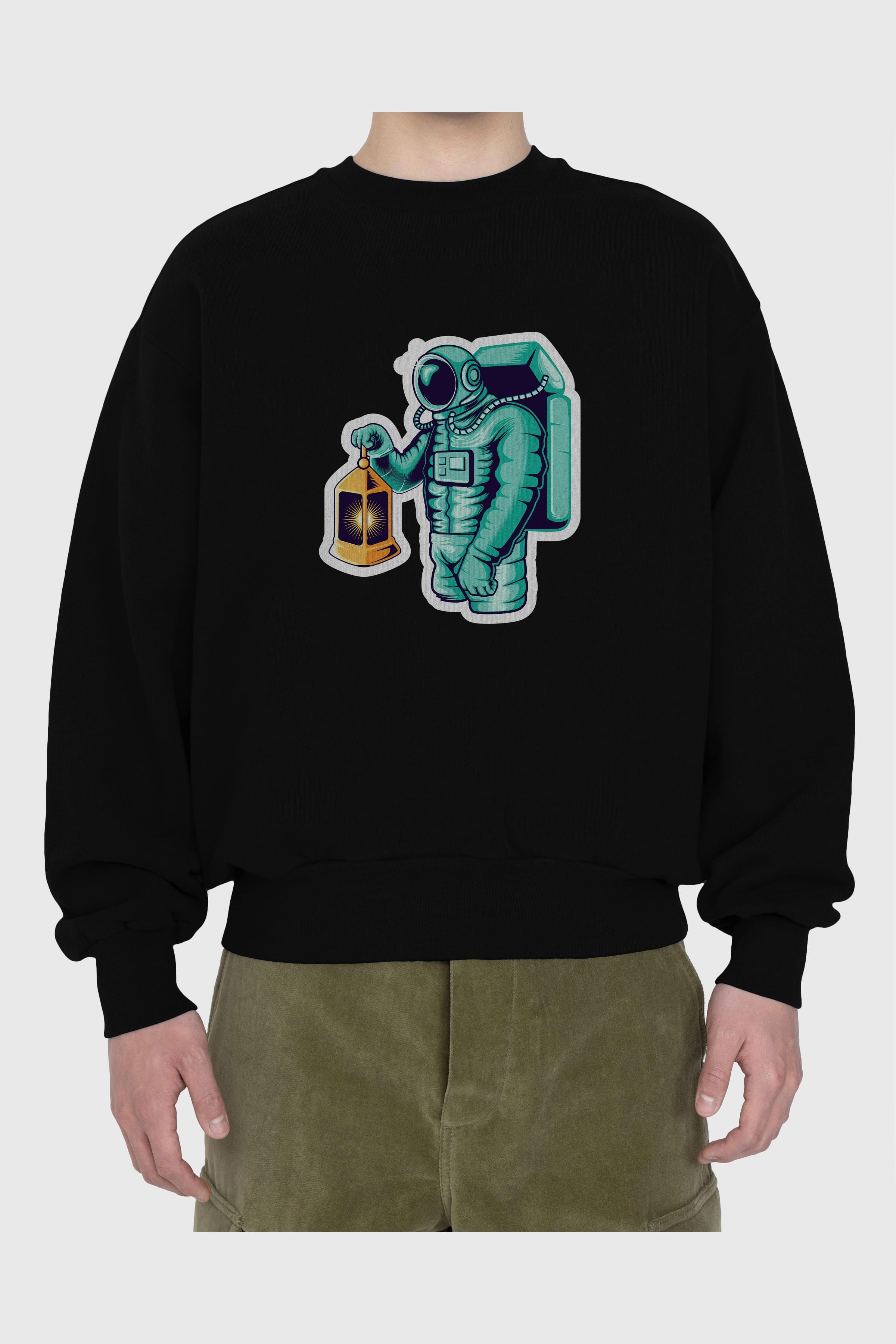 Astronaut Lantern Sticker Ön Baskılı Oversize Sweatshirt Erkek Kadın Unisex
