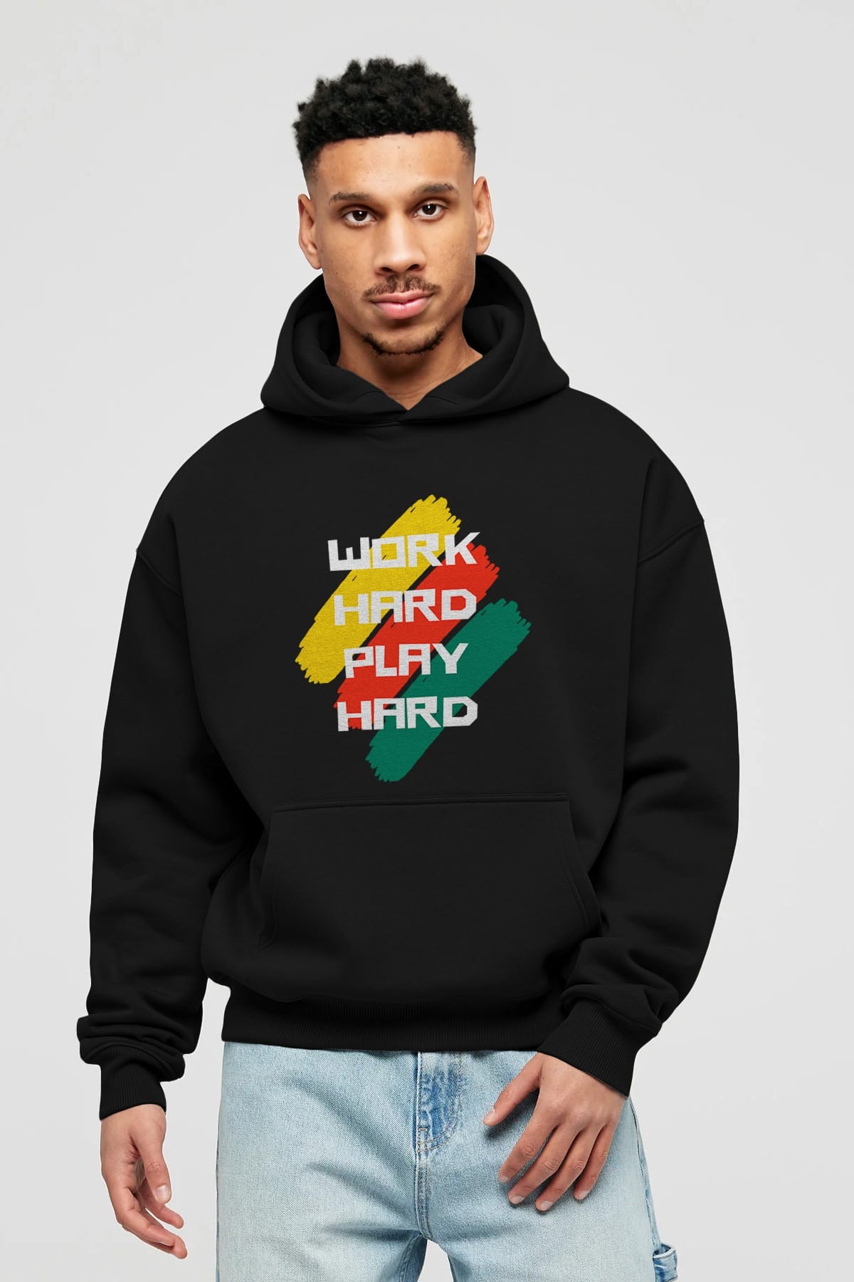 Work Hard Play Hard 2 Ön Baskılı Oversize Hoodie Kapüşonlu Sweatshirt Erkek Kadın Unisex