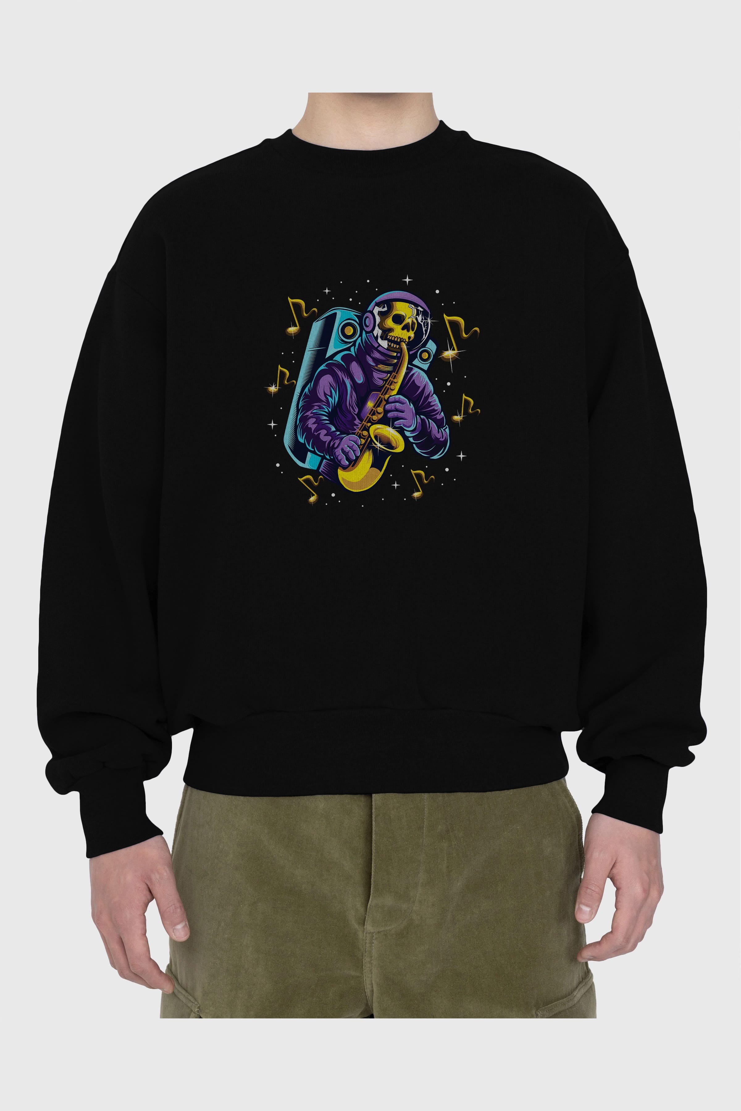 Astroskull Saxophonist Ön Baskılı Oversize Sweatshirt Erkek Kadın Unisex