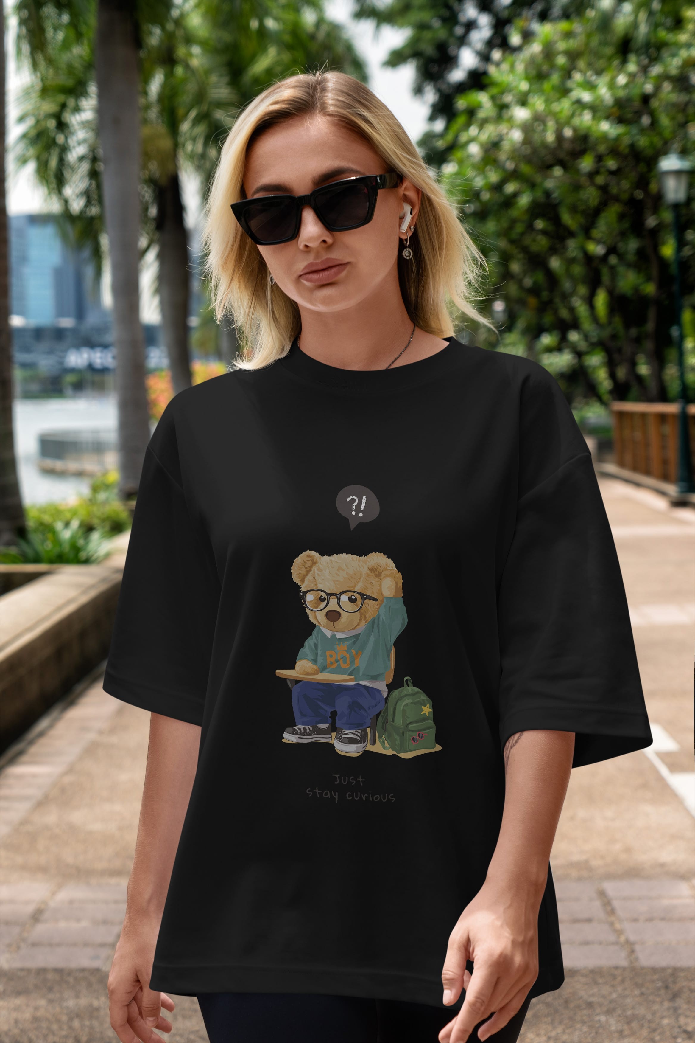 Teddy Bear Just Stay Curious Ön Baskılı Oversize t-shirt Erkek Kadın Unisex %100 Pamuk