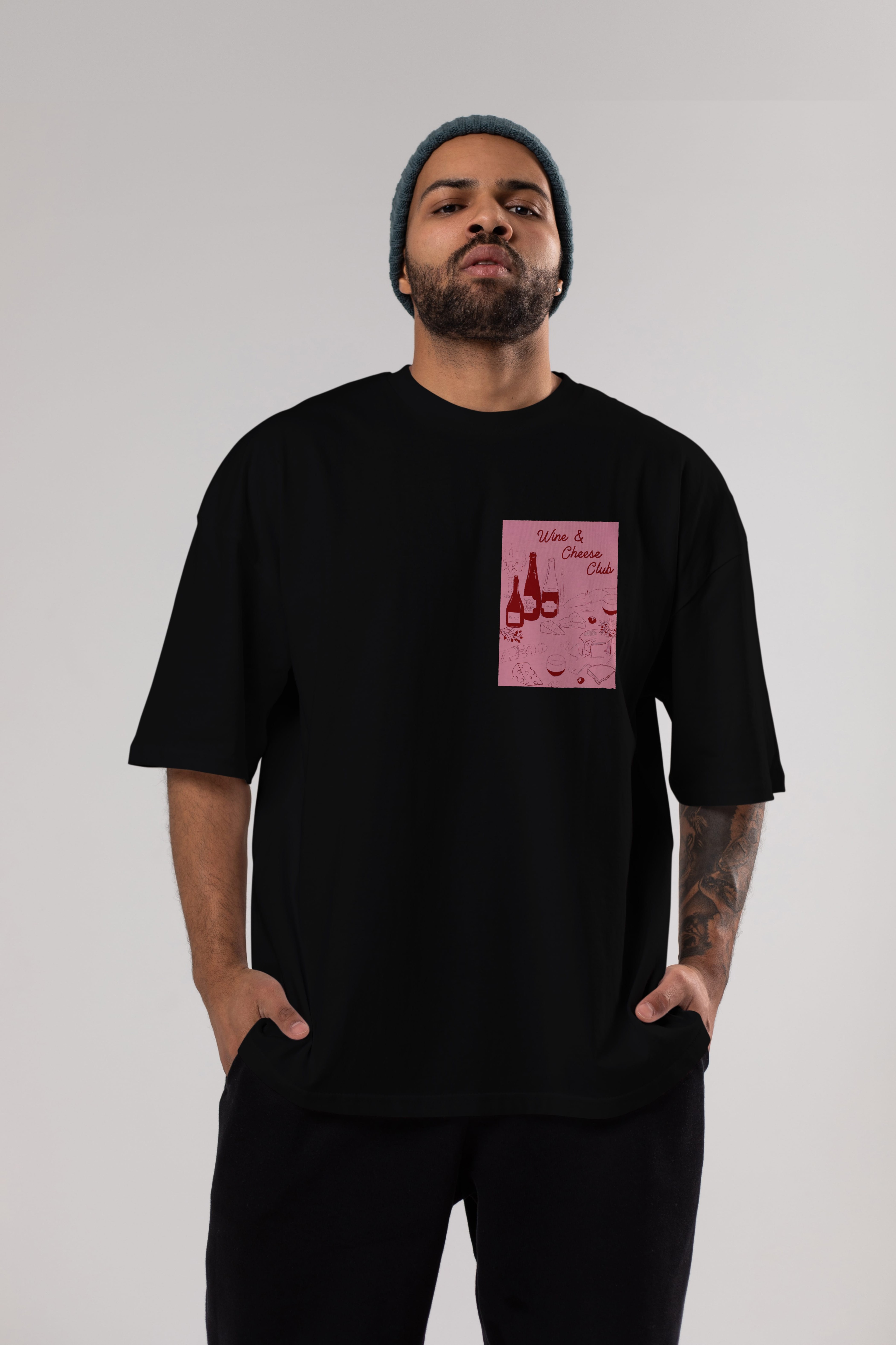 Wine Cheese Club Ön Sol Baskılı Oversize t-shirt Erkek Kadın Unisex %100 Pamuk Bisiklet Yaka tişort