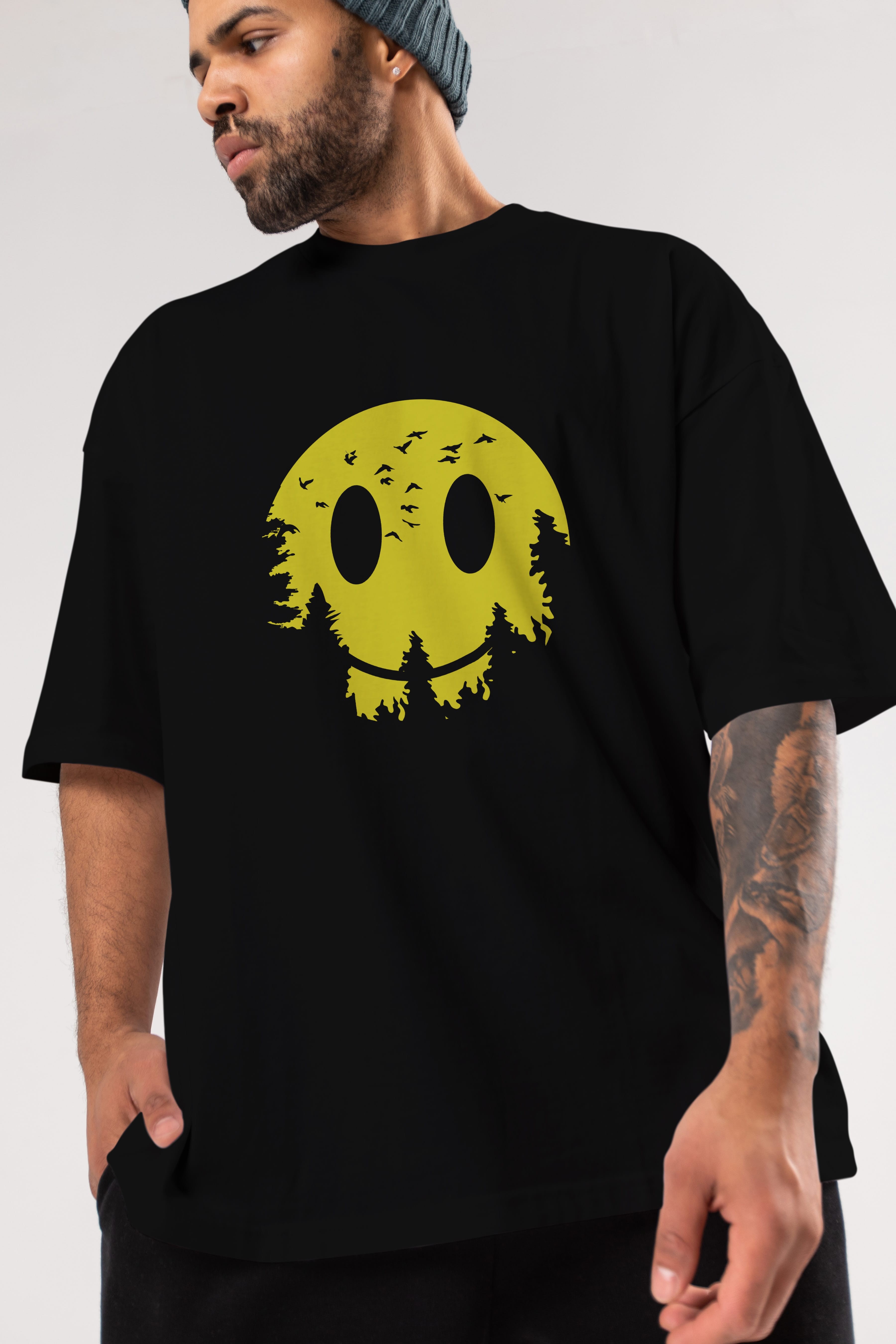 Smiley Moon Ön Baskılı Oversize t-shirt %100 pamuk Erkek Kadın Unisex