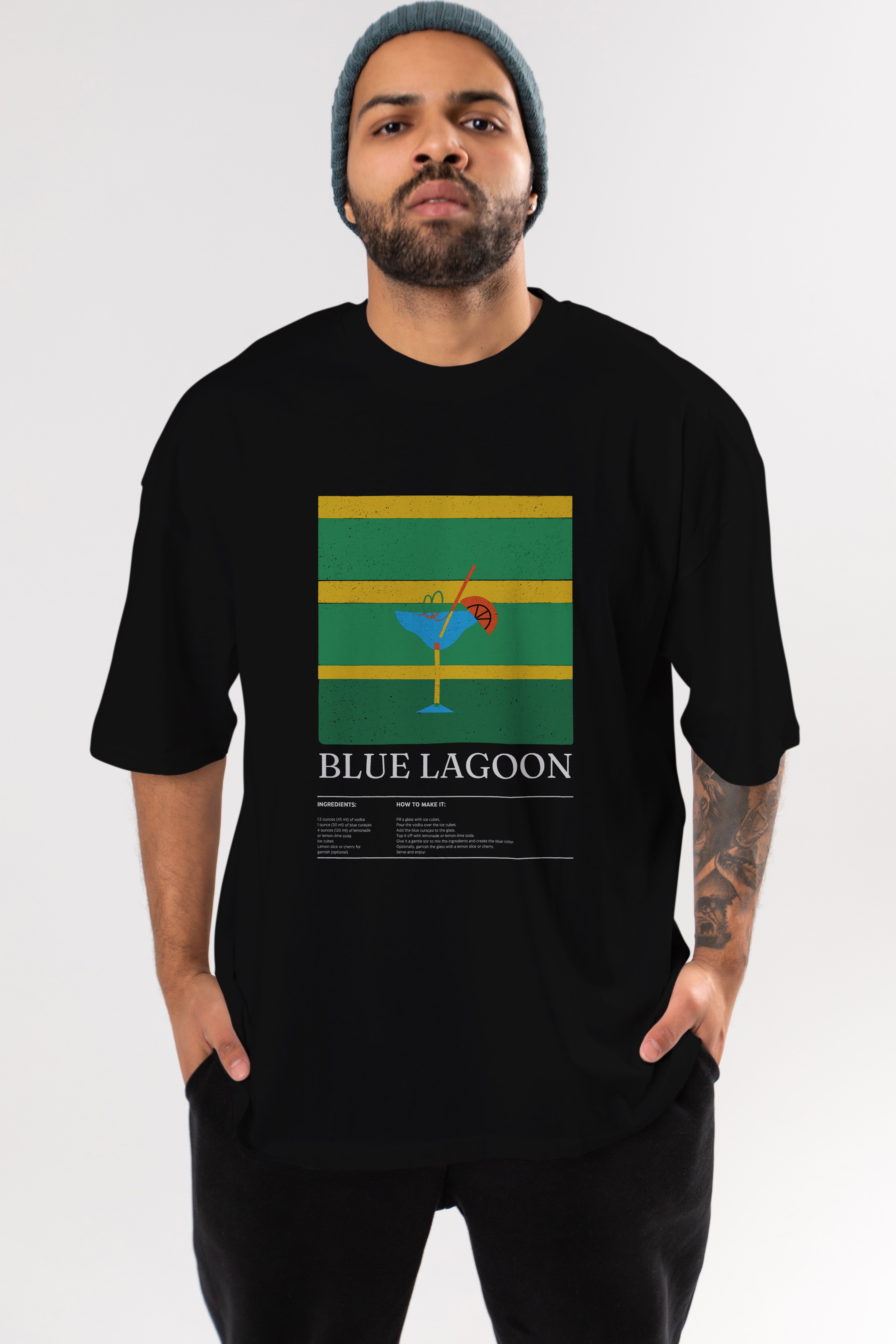 Blue Lagoon Kokteyl Ön Baskılı Oversize t-shirt Erkek Kadın %100 Pamuk Bisiklet Yaka tişort