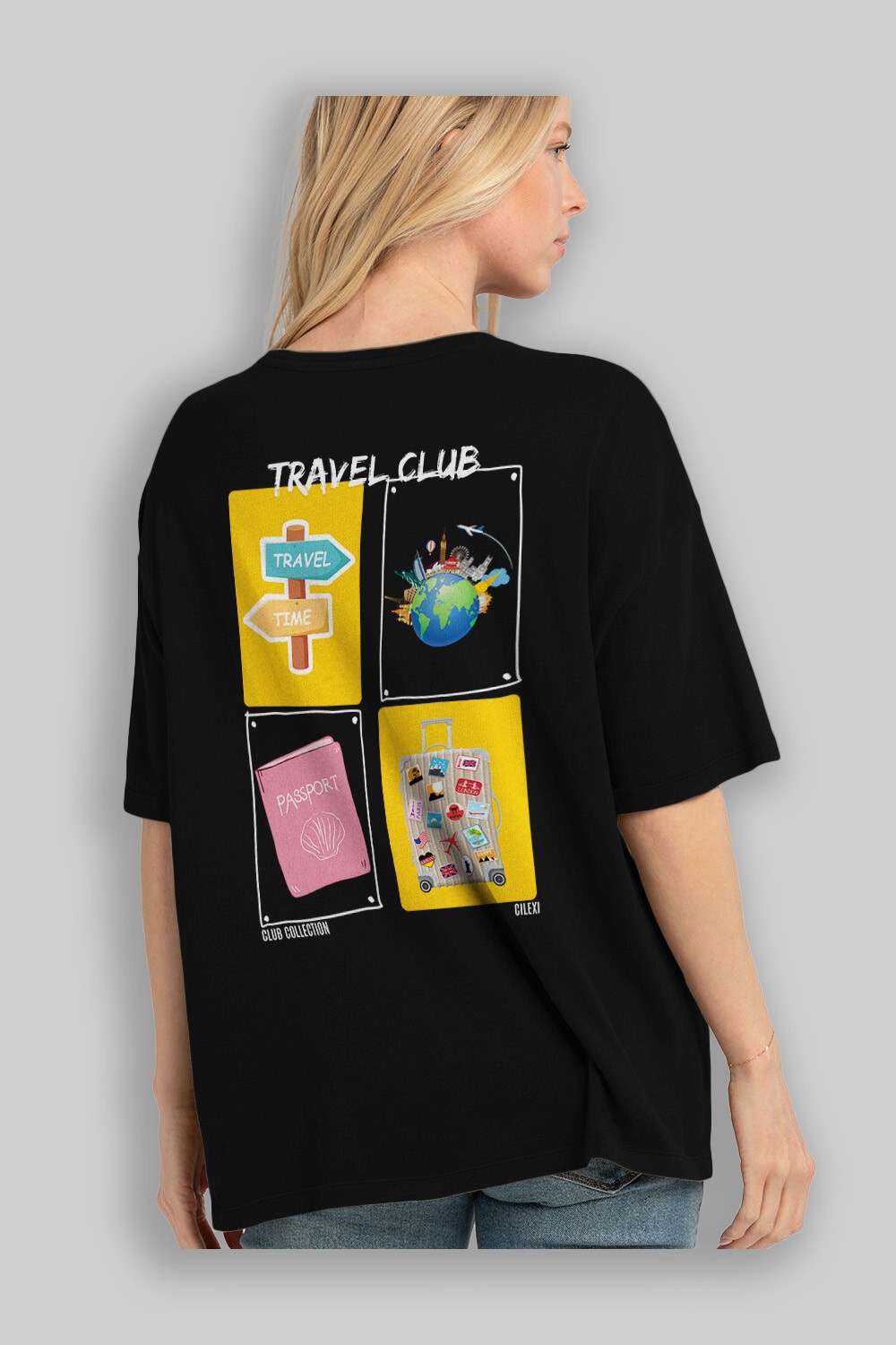 Travel Club Arka Baskılı Oversize t-shirt Erkek Kadın %100 Pamuk Bisiklet Yaka tişort