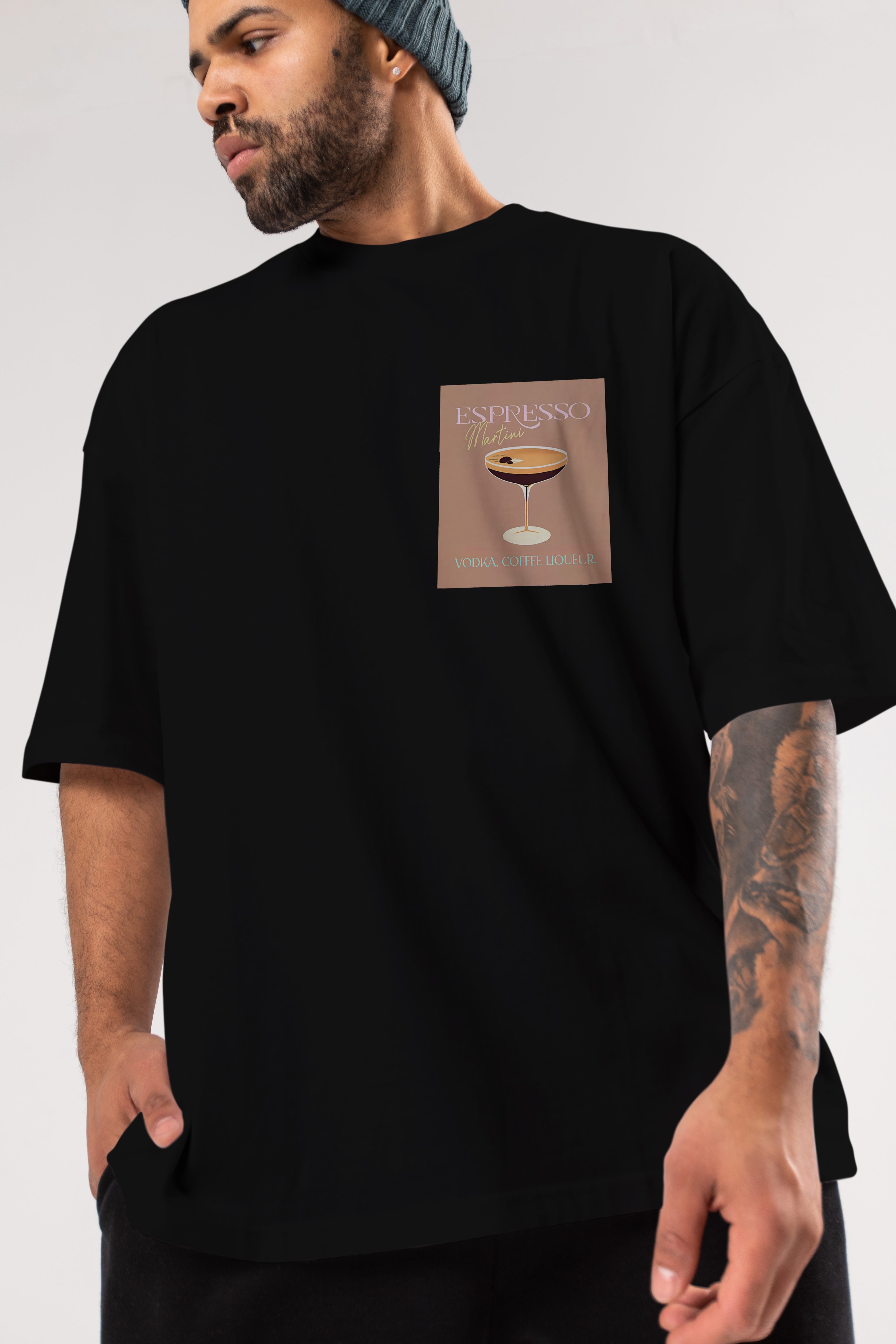 Espresso Martini Cocktail Ön Sol Baskılı Oversize t-shirt Erkek Kadın Unisex %100 Pamuk Bisiklet Yaka tişort