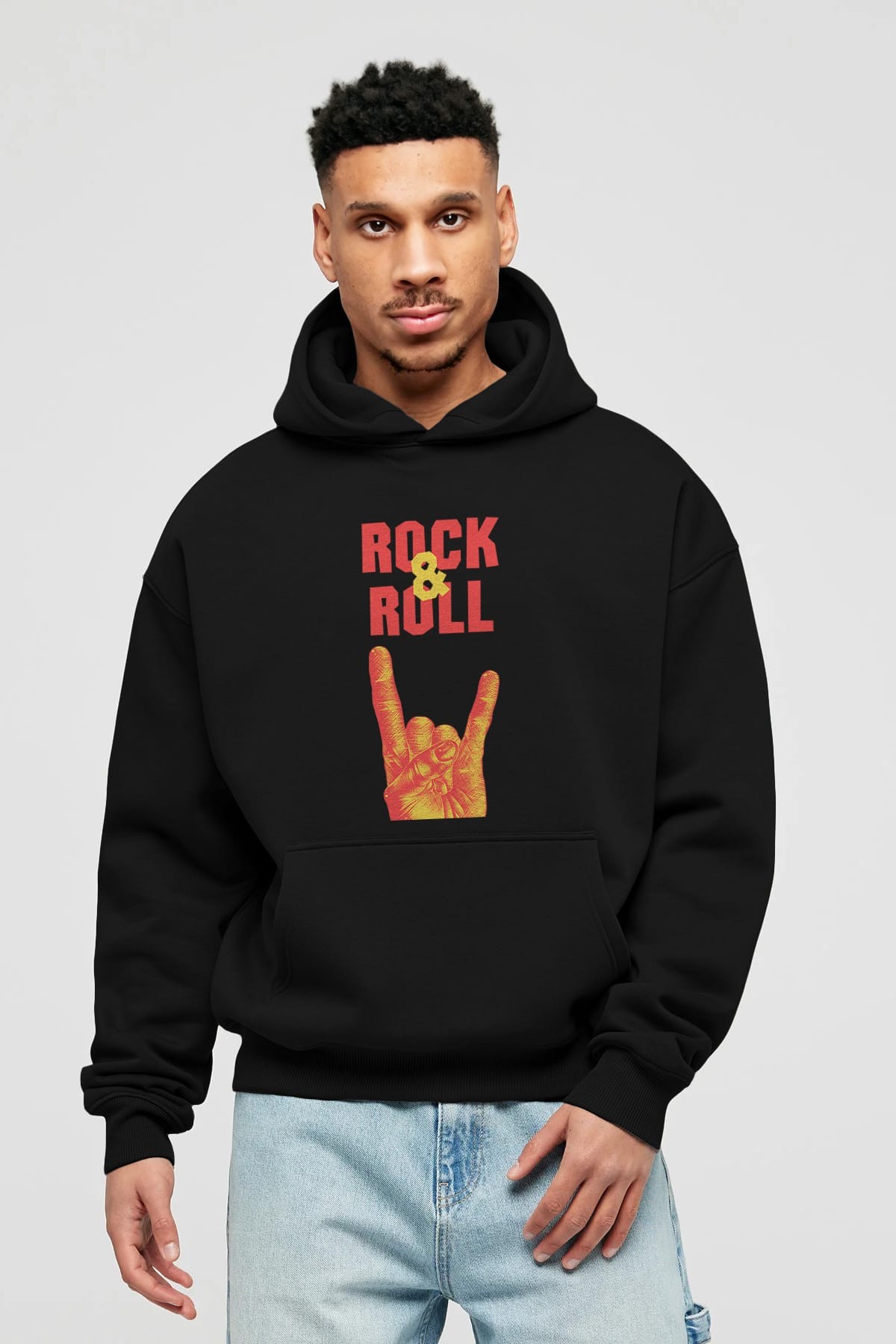 Rock & Roll Yazılı Ön Baskılı Oversize Hoodie Kapüşonlu Sweatshirt Erkek Kadın Unisex
