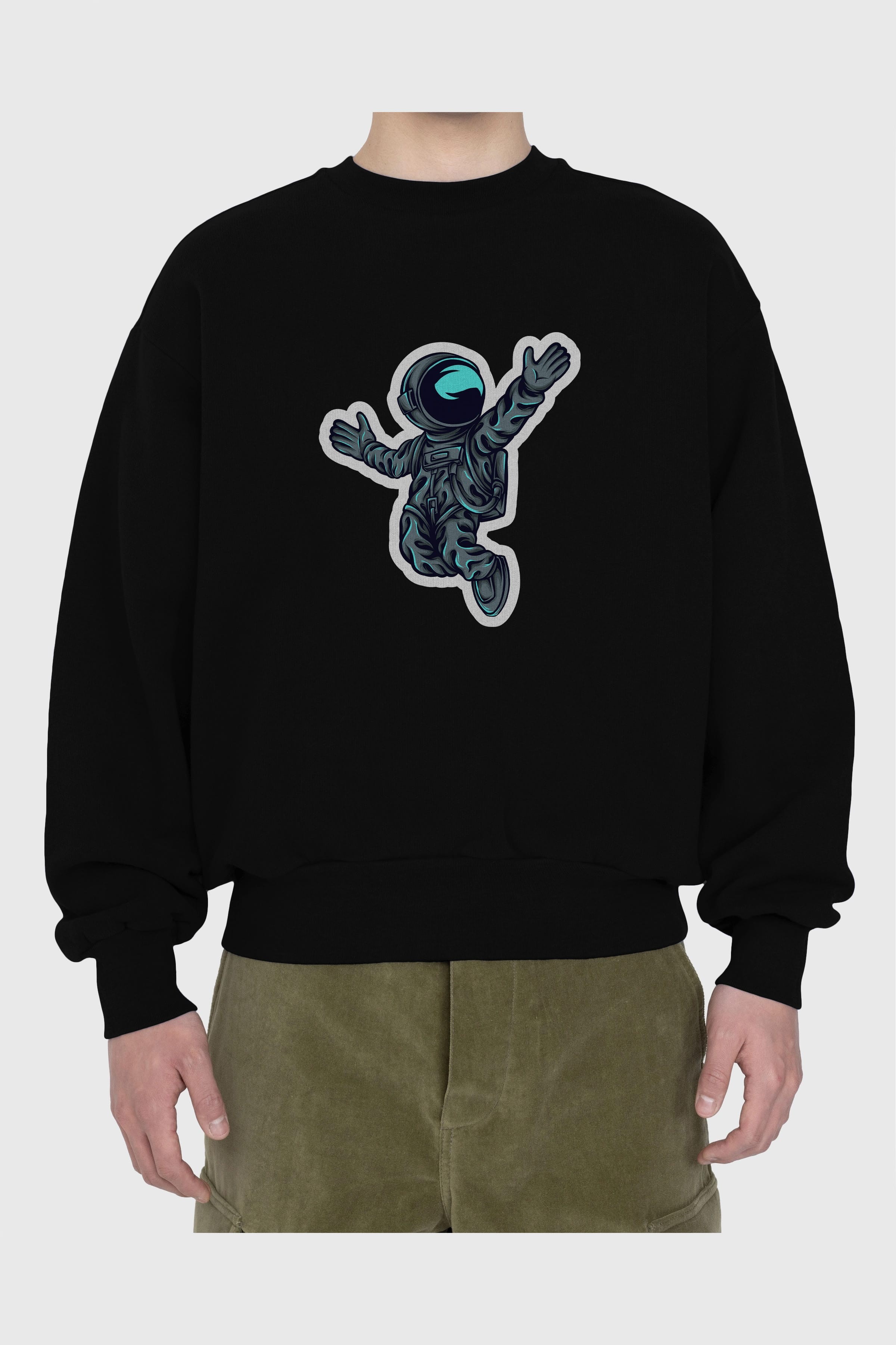 Happy Astronaut Sticker Ön Baskılı Oversize Sweatshirt Erkek Kadın Unisex