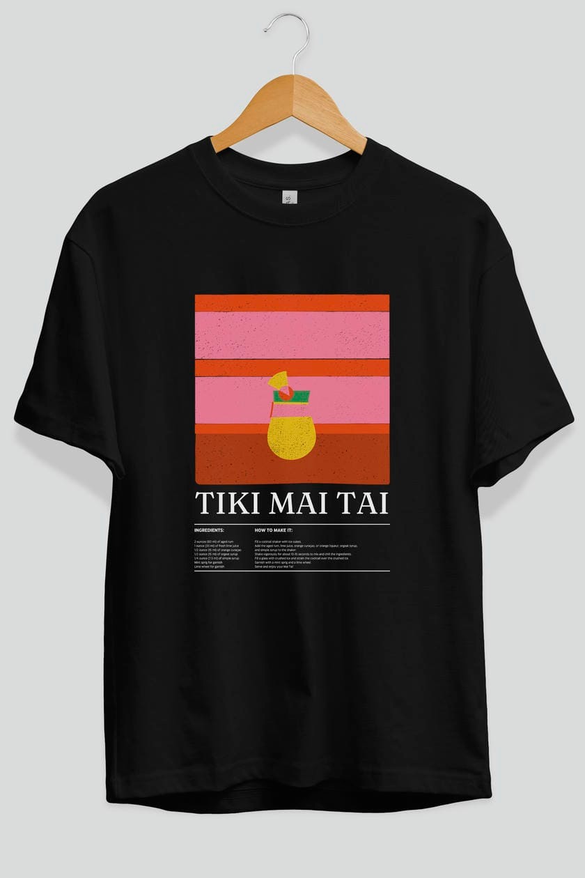 Tiki Mai Tai Kokteyl Ön Baskılı Oversize t-shirt Erkek Kadın %100 Pamuk Bisiklet Yaka tişort