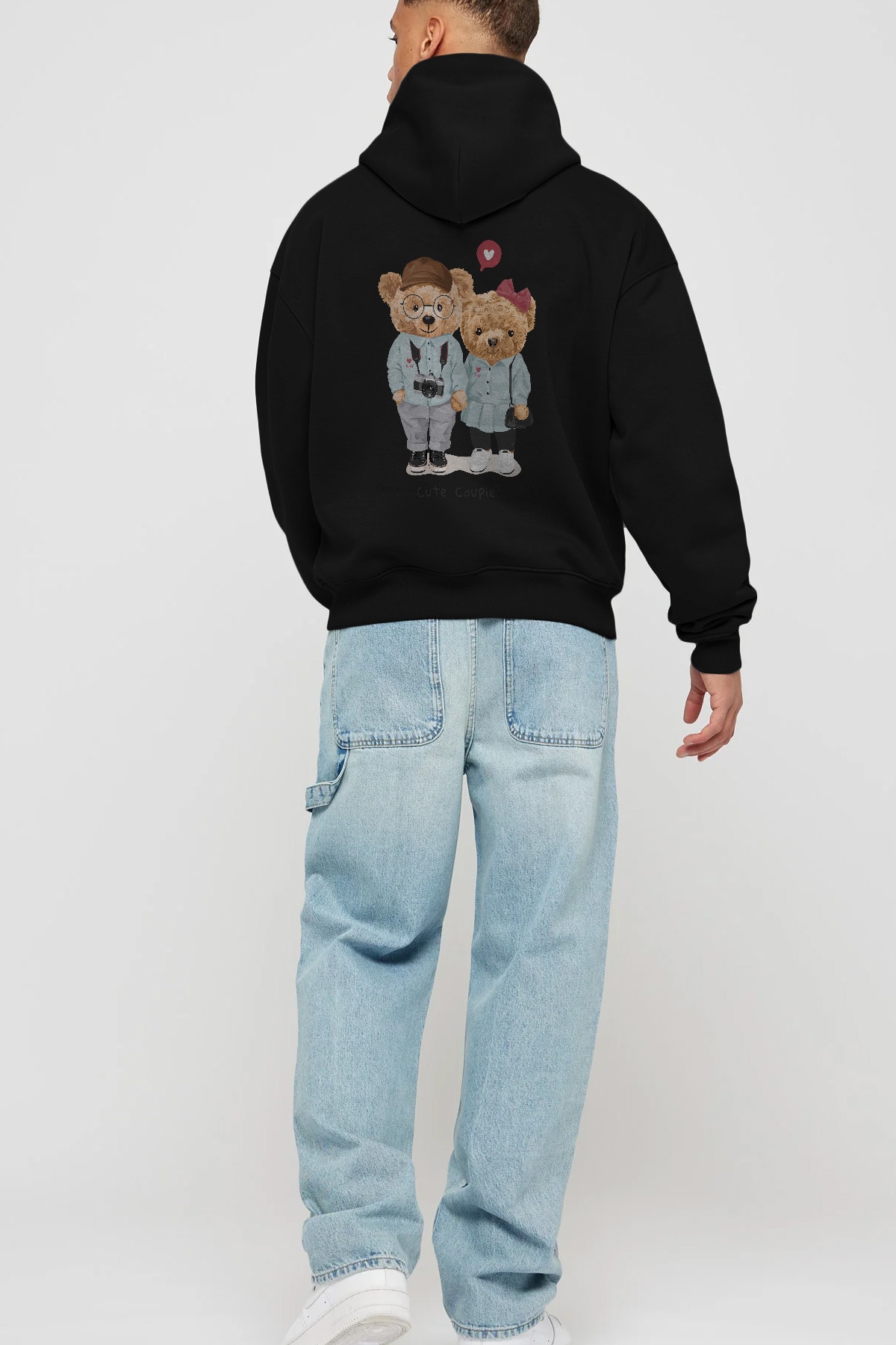 Teddy Bear Cute Couple Arka Baskılı Hoodie Oversize Kapüşonlu Sweatshirt Erkek Kadın Unisex