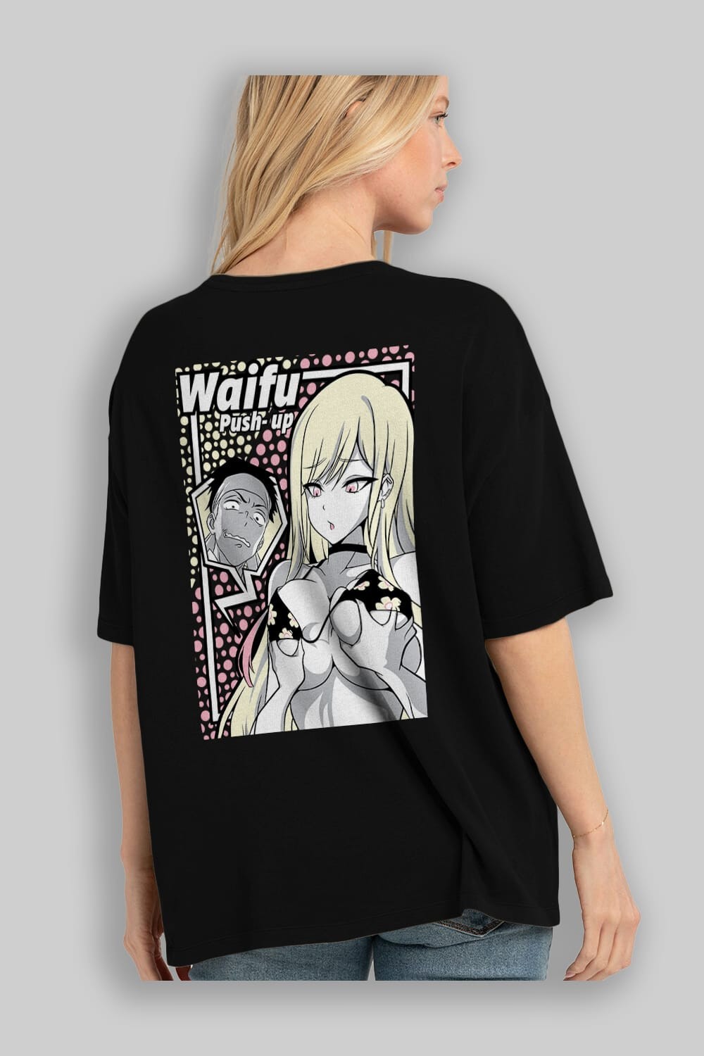 Waifu PushUp Anime Arka Baskılı Oversize t-shirt Erkek Kadın Unisex