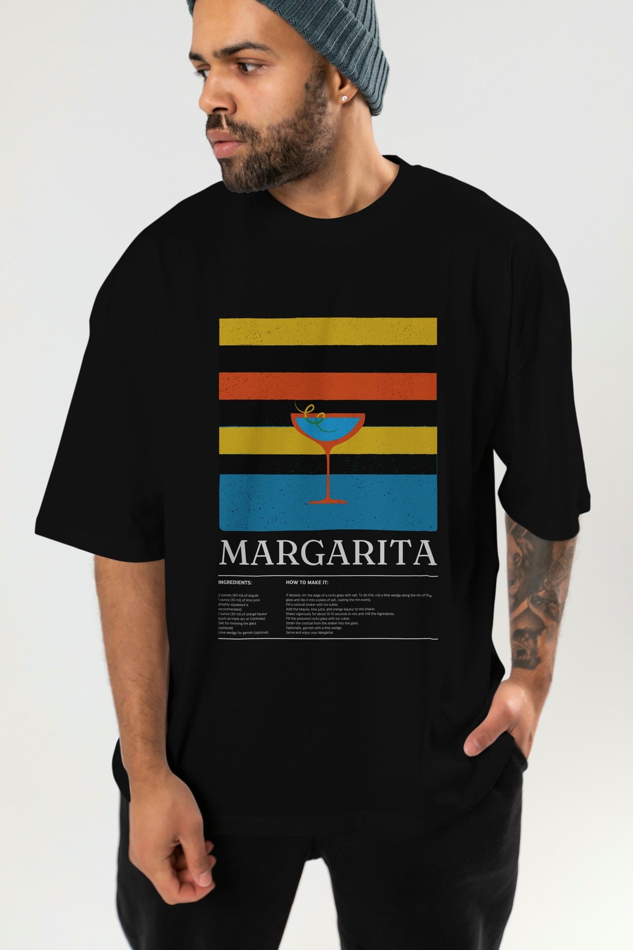 Margarita Kokteyl Ön Baskılı Oversize t-shirt Erkek Kadın %100 Pamuk Bisiklet Yaka tişort