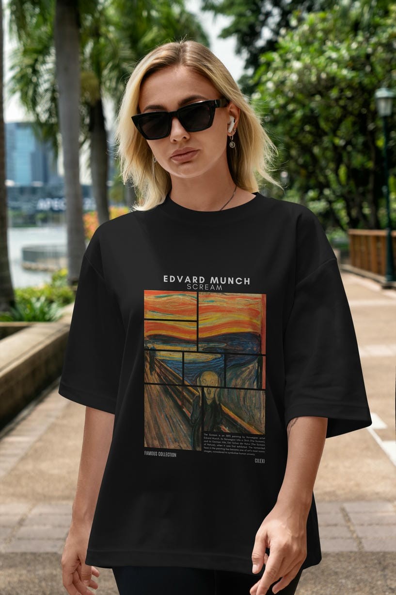 Edvard Munch Scream ön Baskılı Oversize t-shirt Erkek Kadın Bisiklet Yaka Pamuk tişort