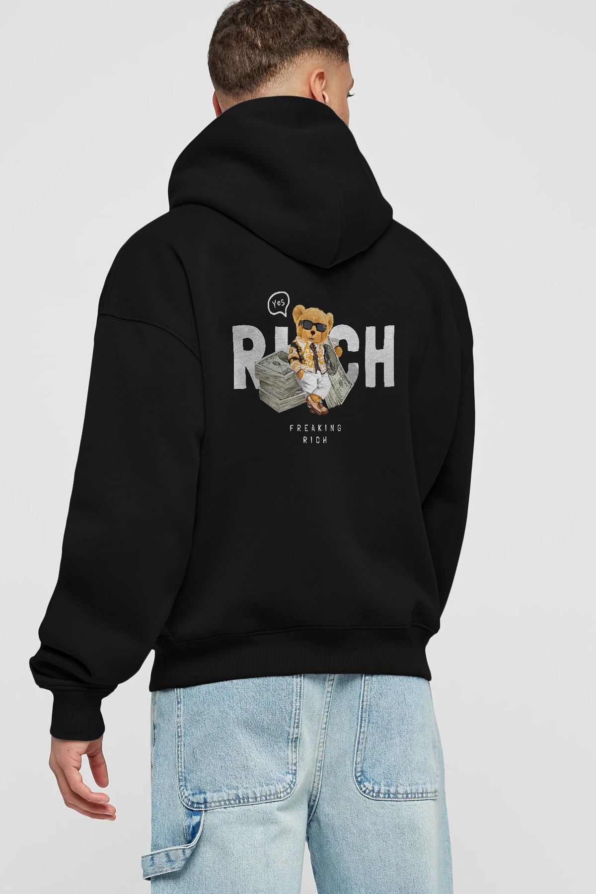 Teddy Bear Freakıng Rich Arka Baskılı Hoodie Oversize Kapüşonlu Sweatshirt Erkek Kadın Unisex