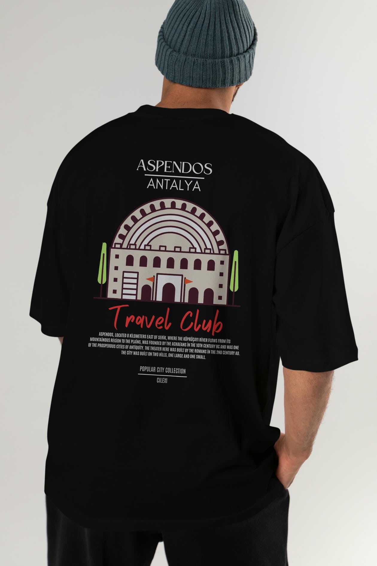 Aspendos Antalya Arka Baskılı Oversize t-shirt Erkek Kadın Pamuk Bisiklet Yaka tişort