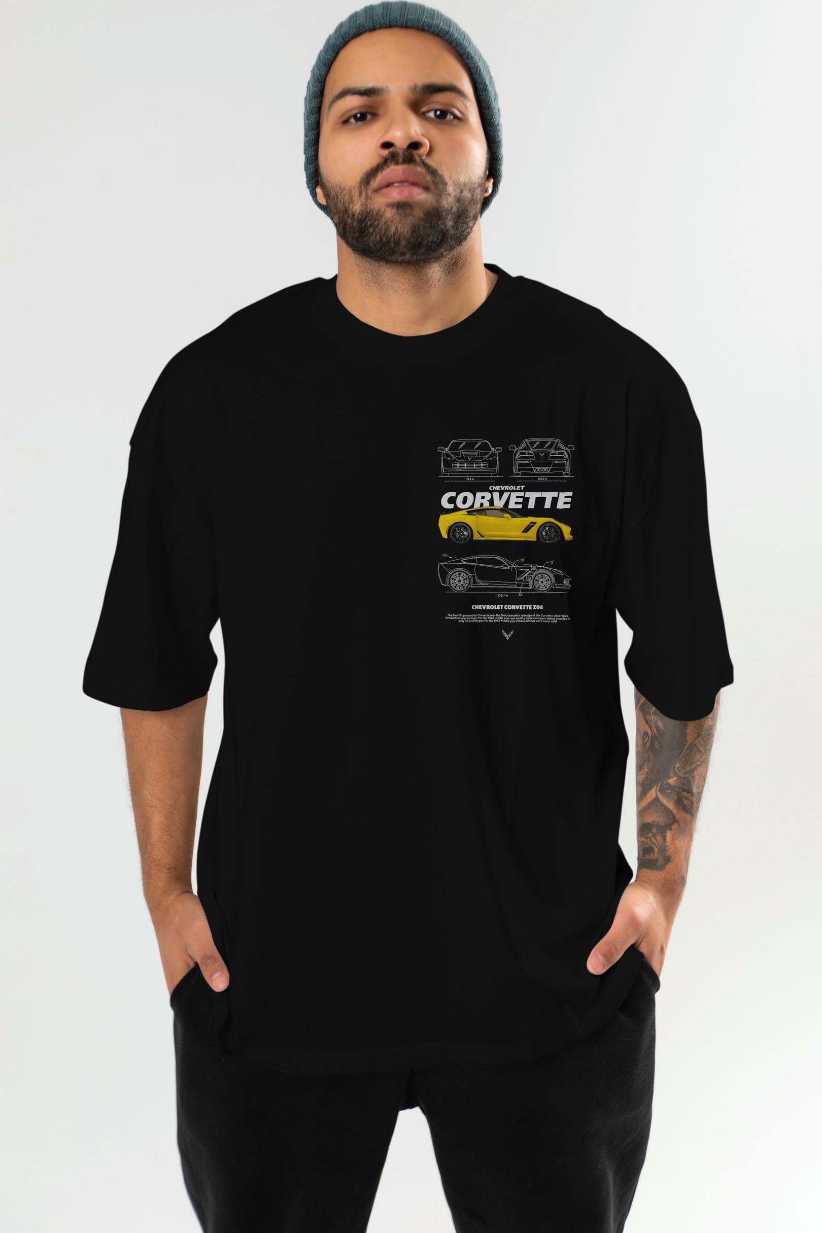 Chevrolet CORVETTE Ön Sol Baskılı Oversize t-shirt Erkek Kadın Unisex %100 Pamuk Bisiklet Yaka tişort