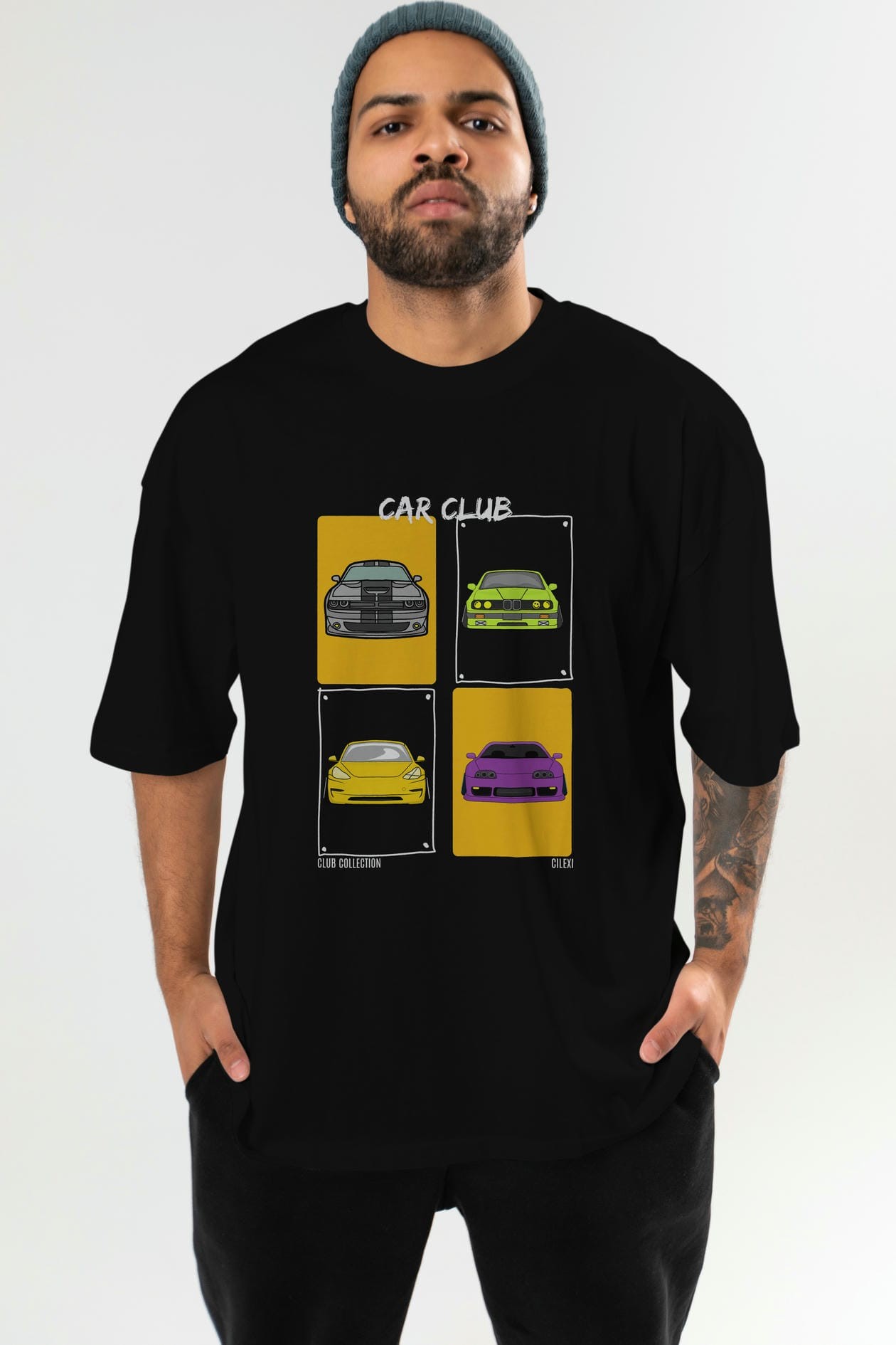 Car Club ön Baskılı Oversize t-shirt Erkek Kadın %100 Pamuk Bisiklet Yaka tişort