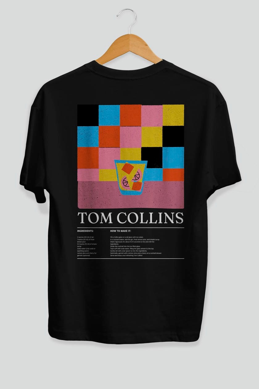 Tom Collins Kokteyl Serisi Arka Baskılı Oversize t-shirt Erkek Kadın %100 Pamuk Bisiklet Yaka tişort