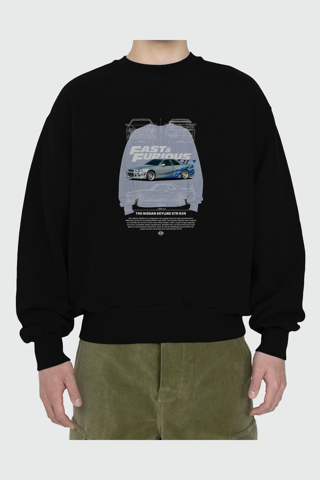 NISSAN SKYLINE R34 FAST AND FURIOUS Ön Baskılı Anime Oversize Sweatshirt Erkek Kadın Unisex