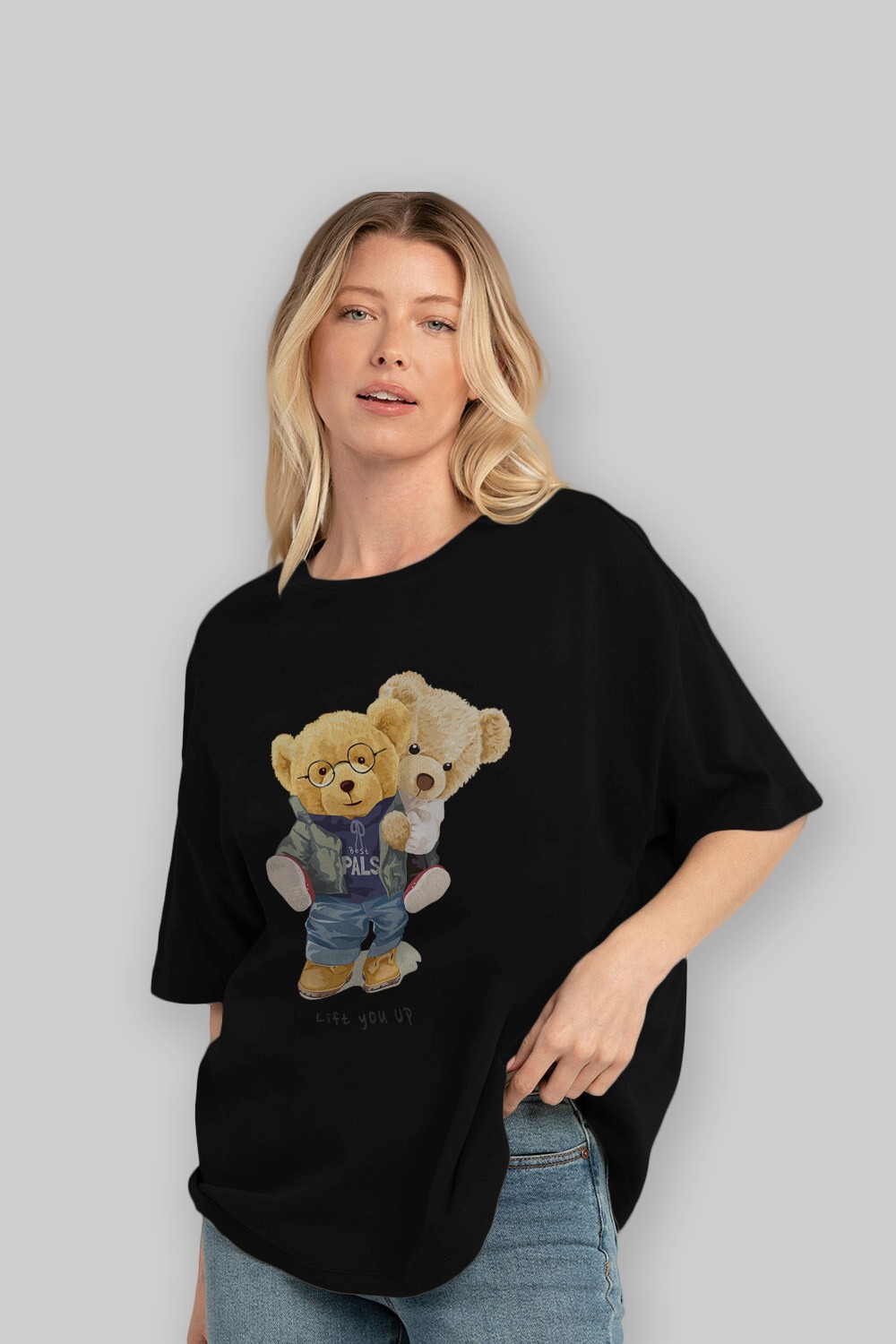 Teddy Bear Lift You Up Ön Baskılı Oversize t-shirt Erkek Kadın Unisex %100 Pamuk