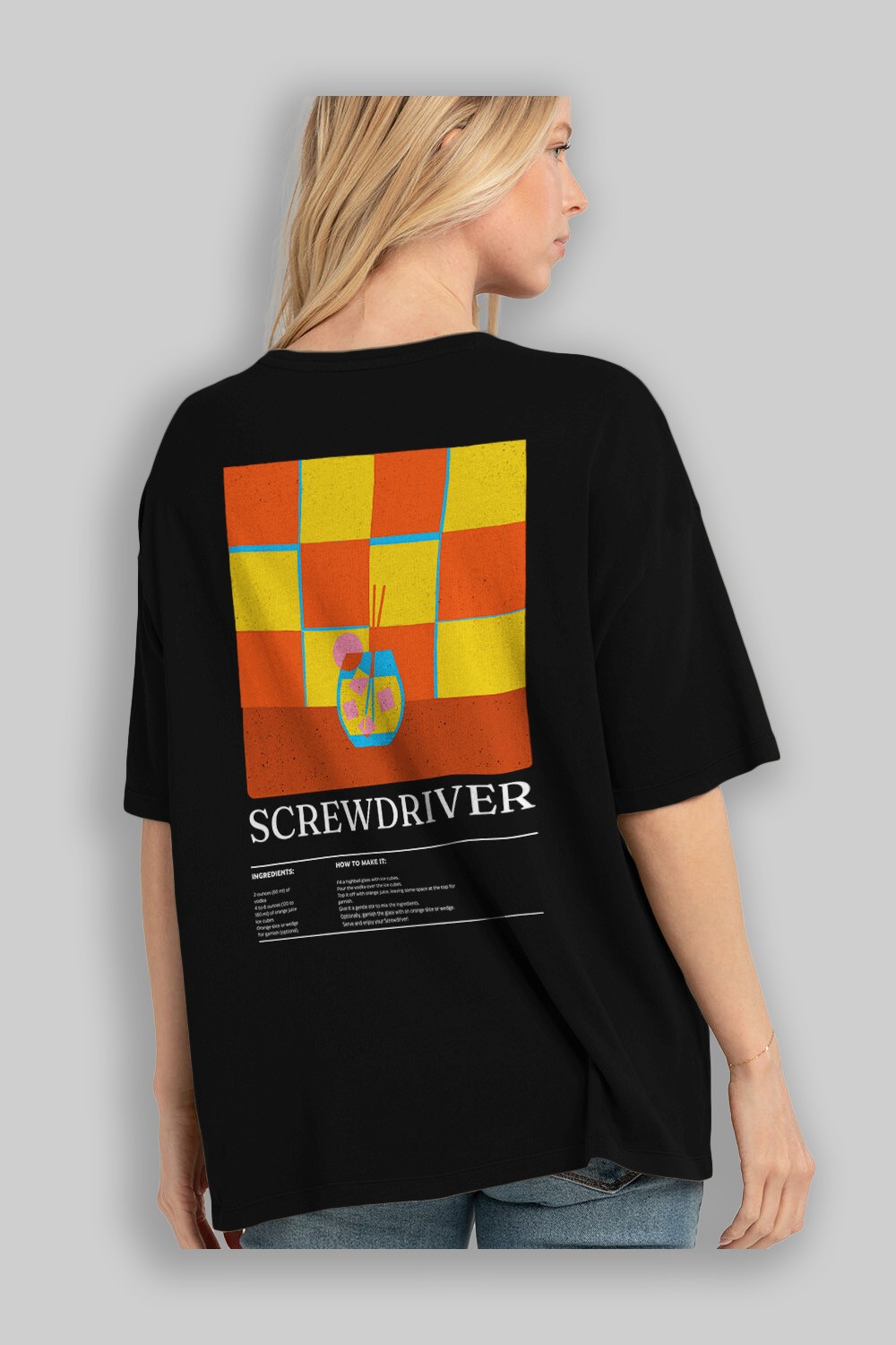 Screwdriver Kokteyl Serisi Arka Baskılı Oversize t-shirt Erkek Kadın %100 Pamuk Bisiklet Yaka tişort