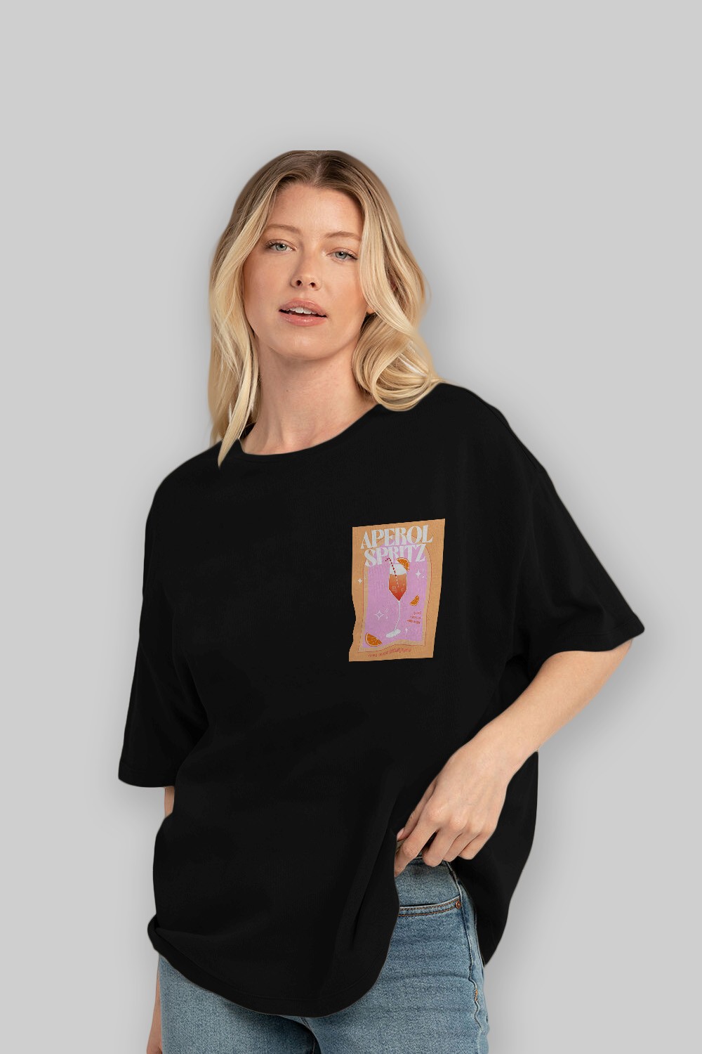 Aperol Spritz 2 Ön Sol Baskılı Oversize t-shirt Erkek Kadın Unisex %100 Pamuk Bisiklet Yaka tişort