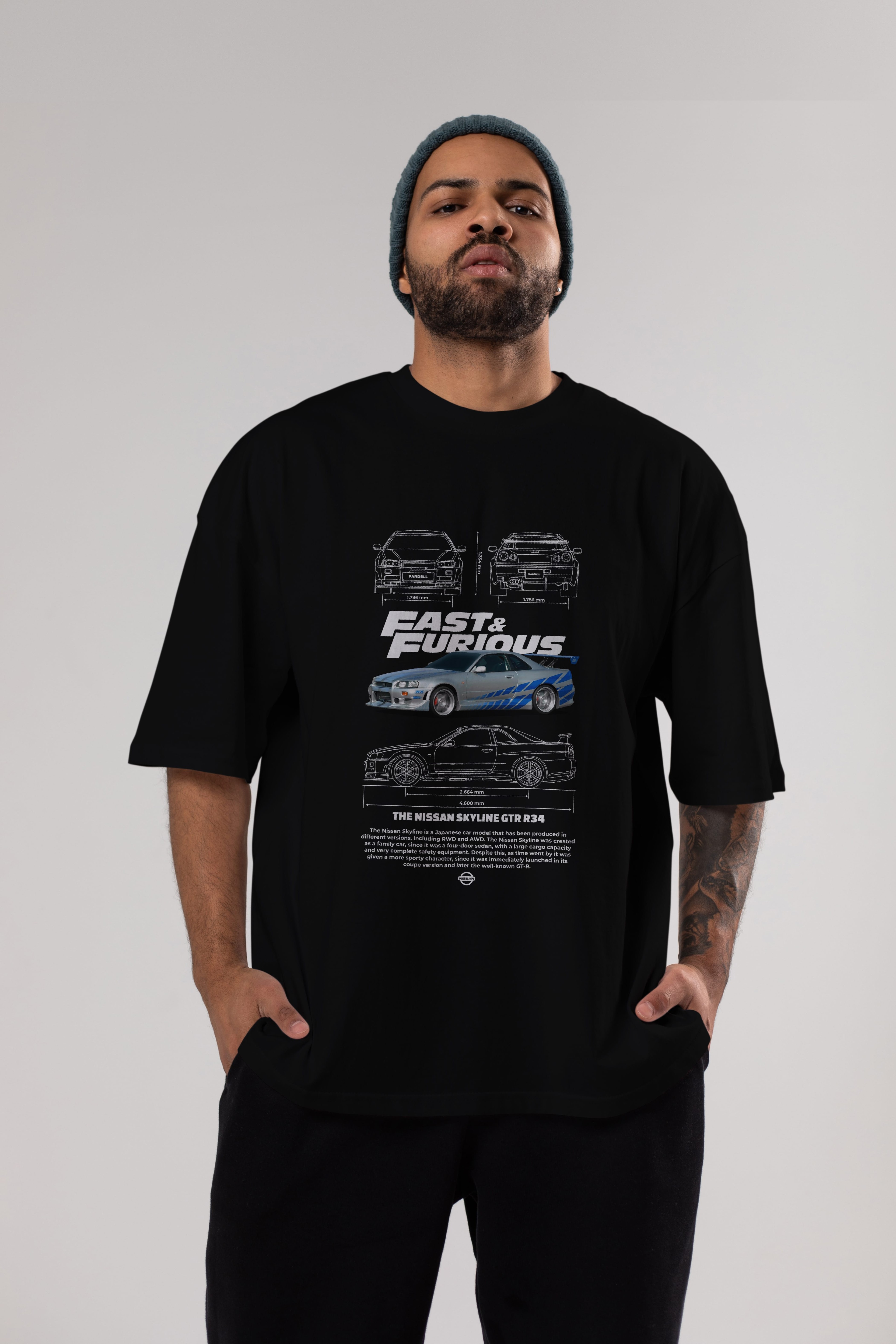 NISSAN SKYLINE R34 FAST AND FURIOUS Ön Baskılı Oversize t-shirt Erkek Kadın Unisex %100 Pamuk Bisiklet Yaka tişort