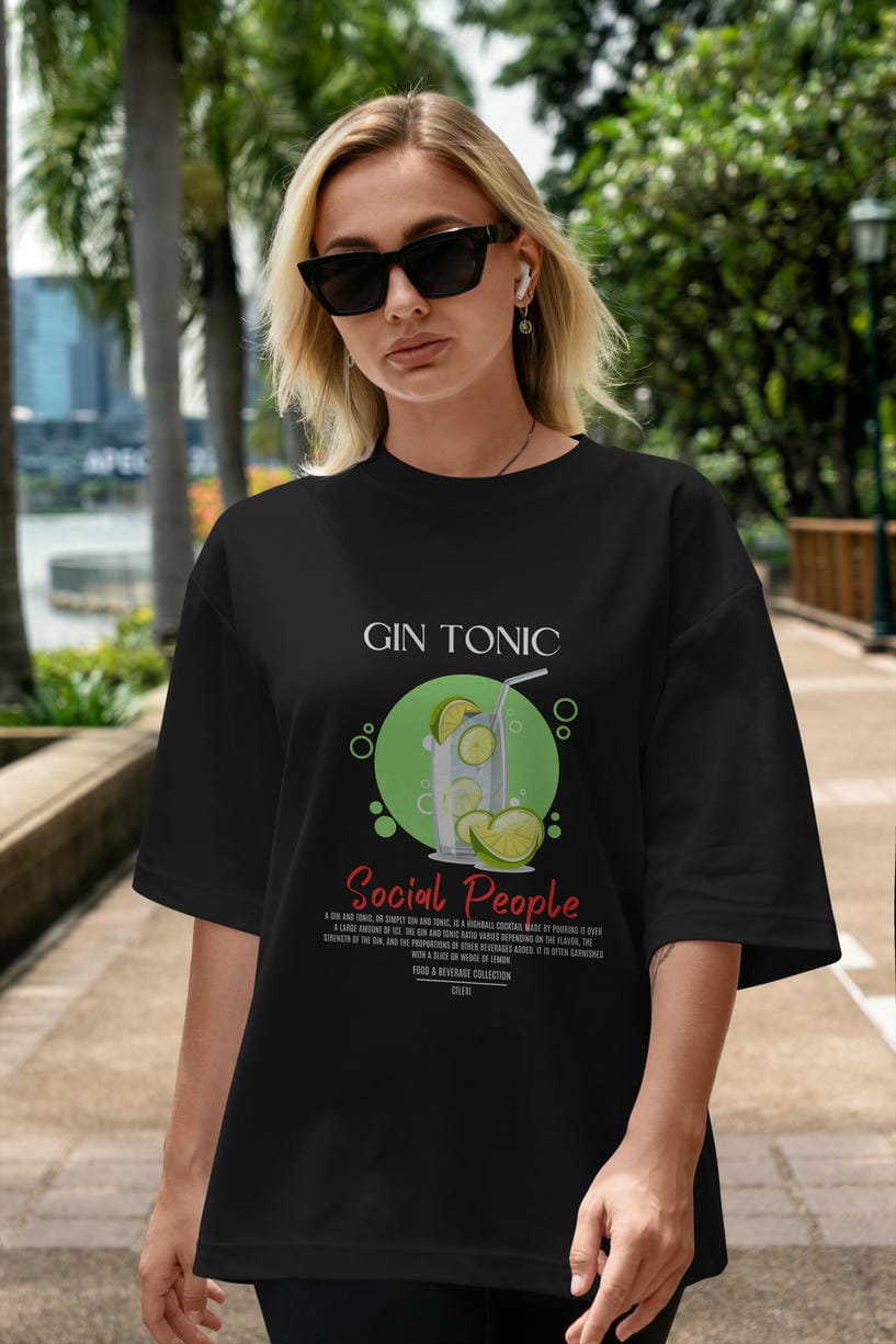 Gın Tonıc Kokteyl Serisi ön Baskılı Oversize t-shirt Erkek Kadın %100 Pamuk Bisiklet Yaka tişort