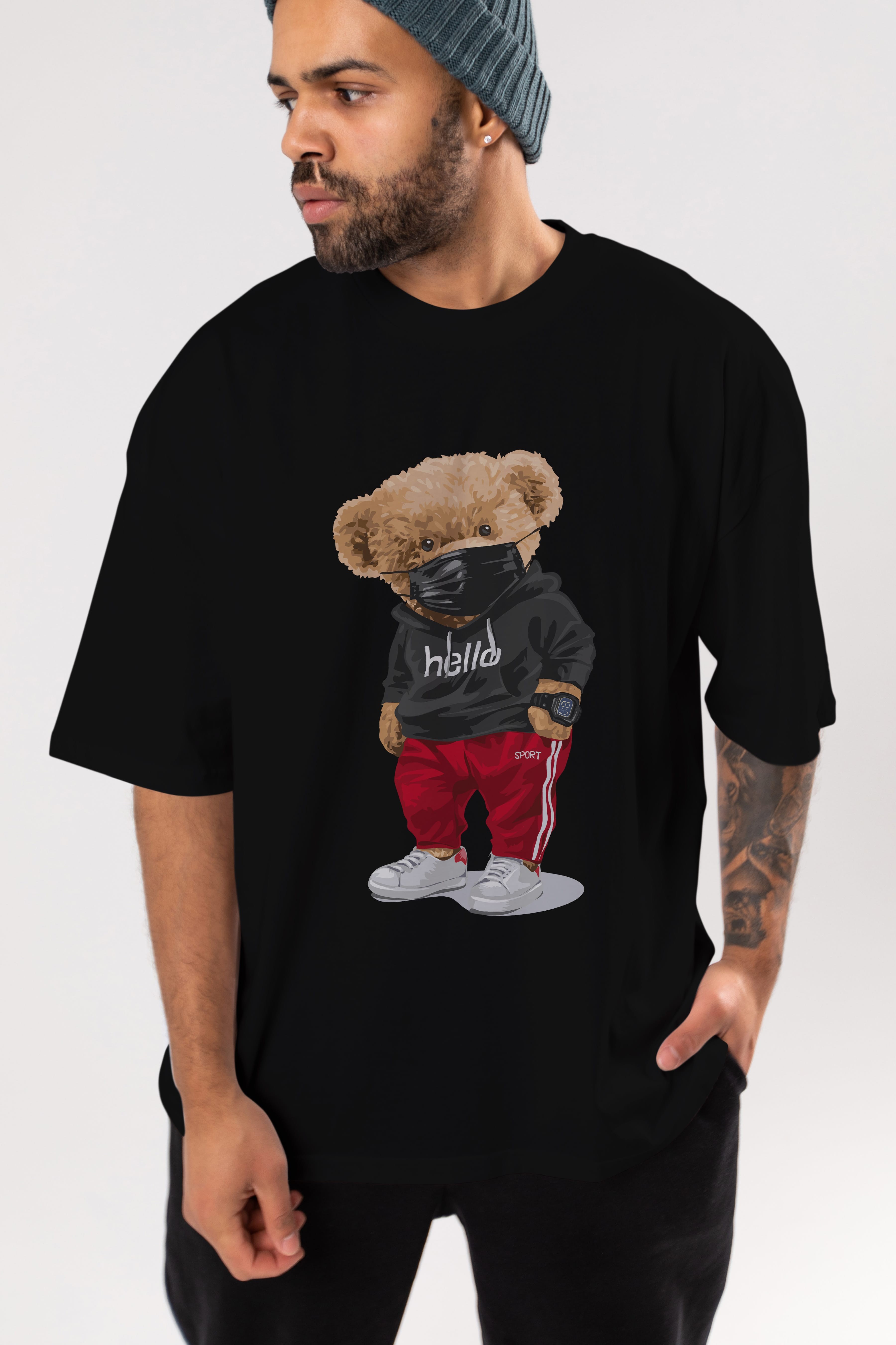 Teddy Bear Hello Sport Ön Baskılı Oversize t-shirt Erkek Kadın Unisex %100 Pamuk
