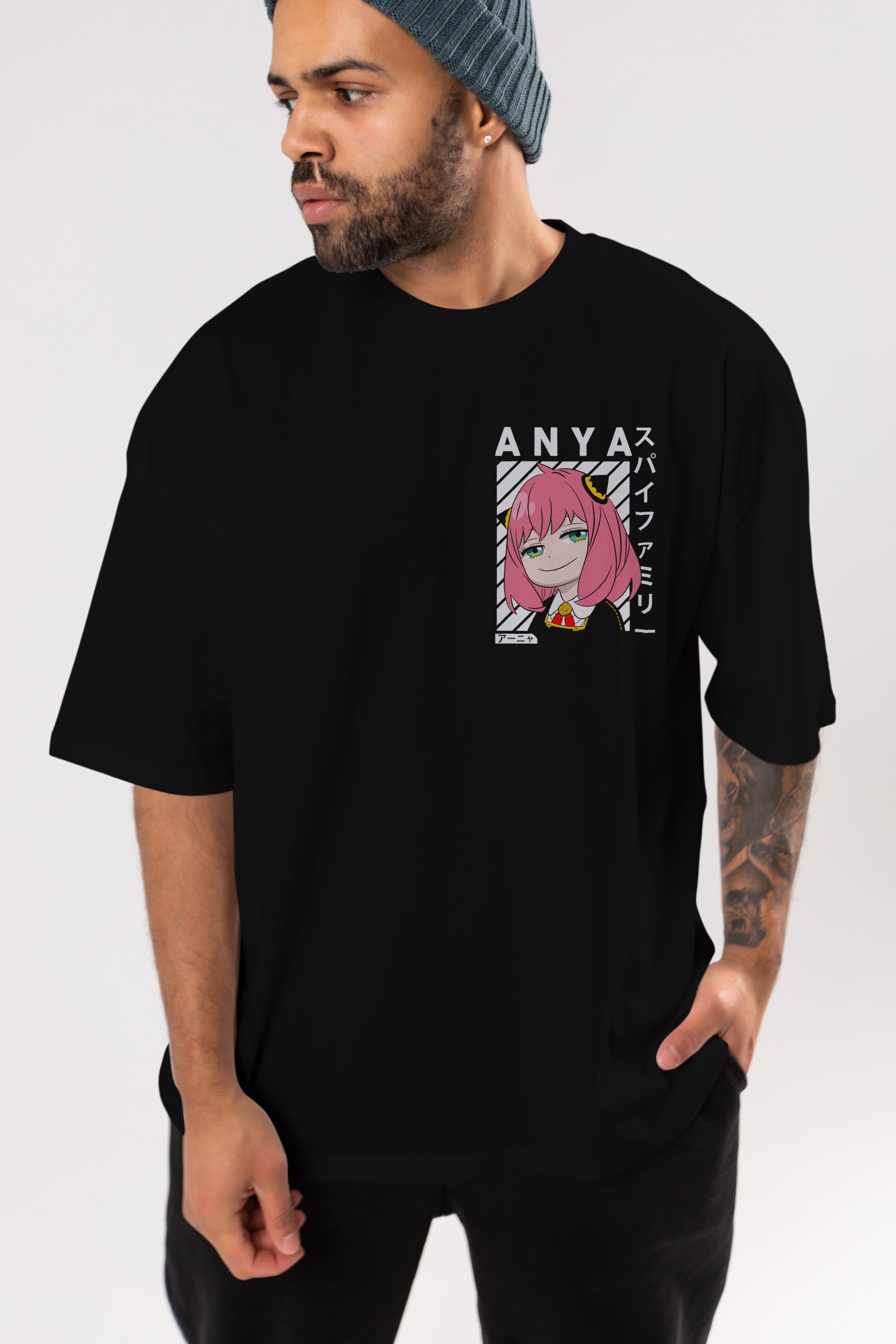 Anya SPYX FAMILY Ön Sol Baskılı Oversize t-shirt Erkek Kadın Unisex %100 Pamuk Bisiklet Yaka tişort