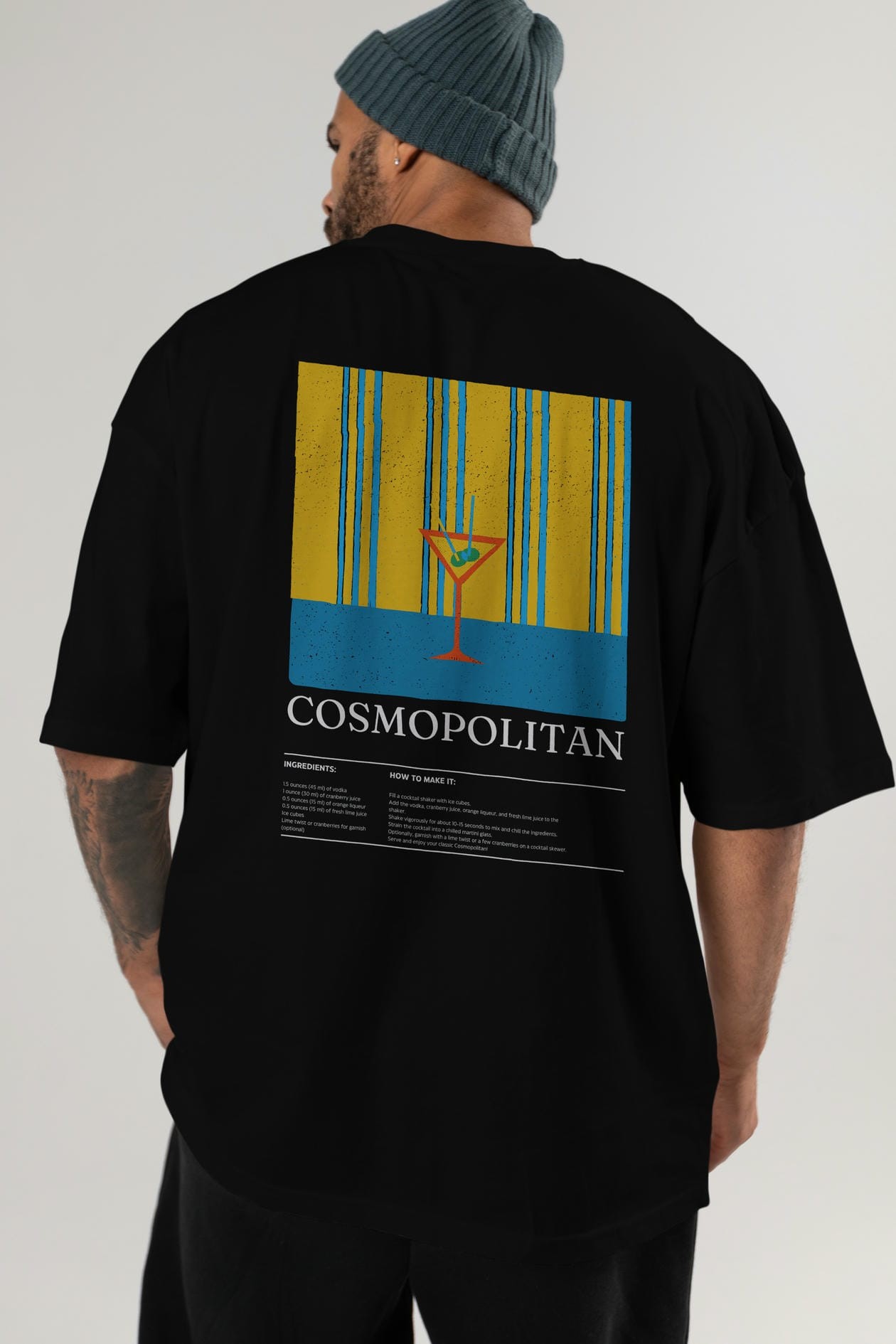 Cosmopolitan Kokteyl Serisi Arka Baskılı Oversize t-shirt Erkek Kadın %100 Pamuk Bisiklet Yaka tişort