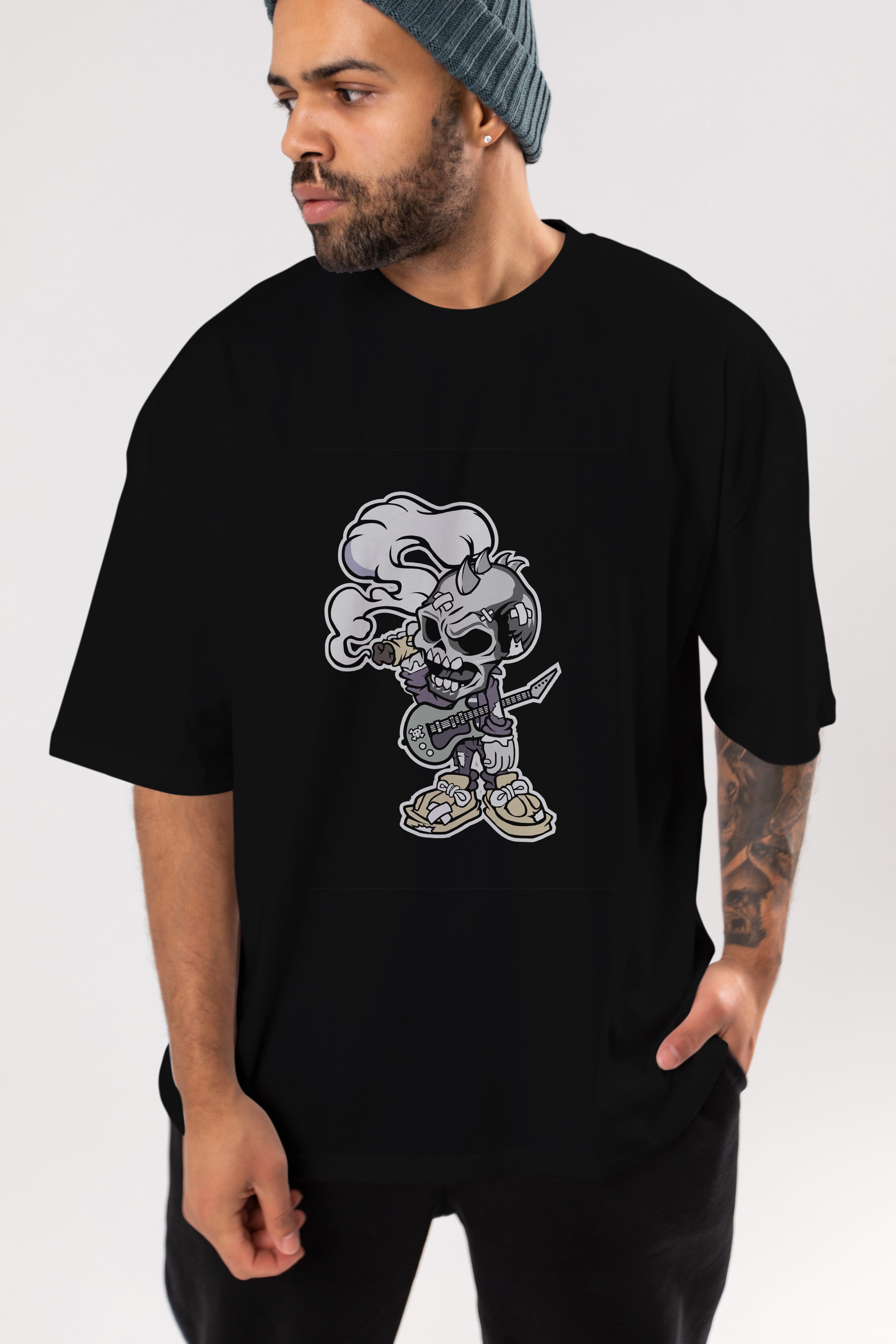 Skull Smoker Punk Rocker Ön Baskılı Oversize t-shirt Erkek Kadın Unisex %100 Pamuk tişort