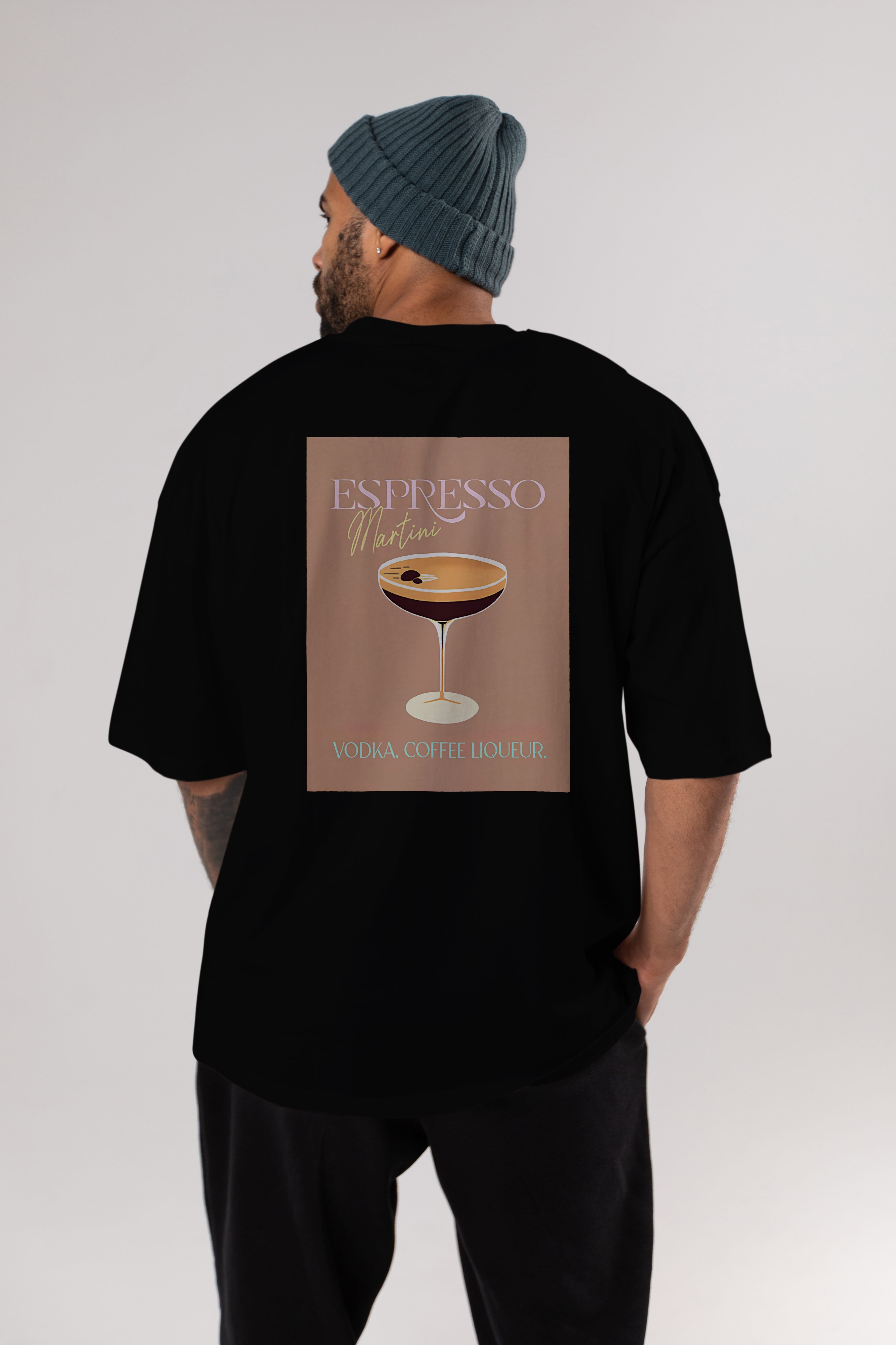 Espresso Martini Cocktail Arka Baskılı Oversize t-shirt Erkek Kadın Unisex %100 Pamuk Bisiklet Yaka tişort