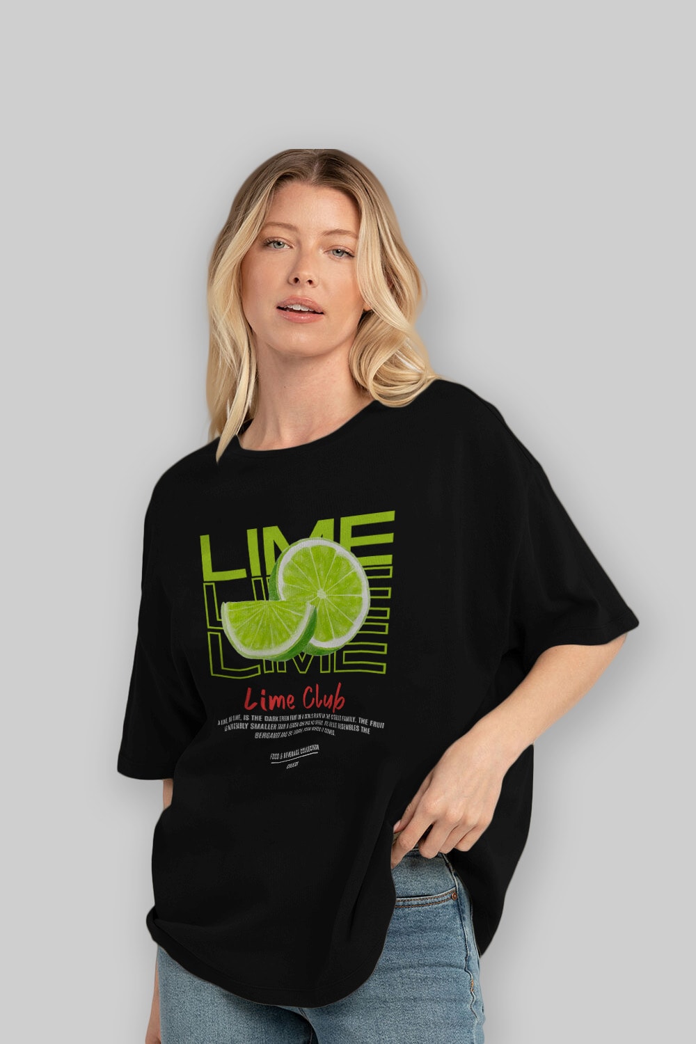 Lime Kokteyl Serisi ön Baskılı Oversize t-shirt Erkek Kadın %100 Pamuk Bisiklet Yaka tişort