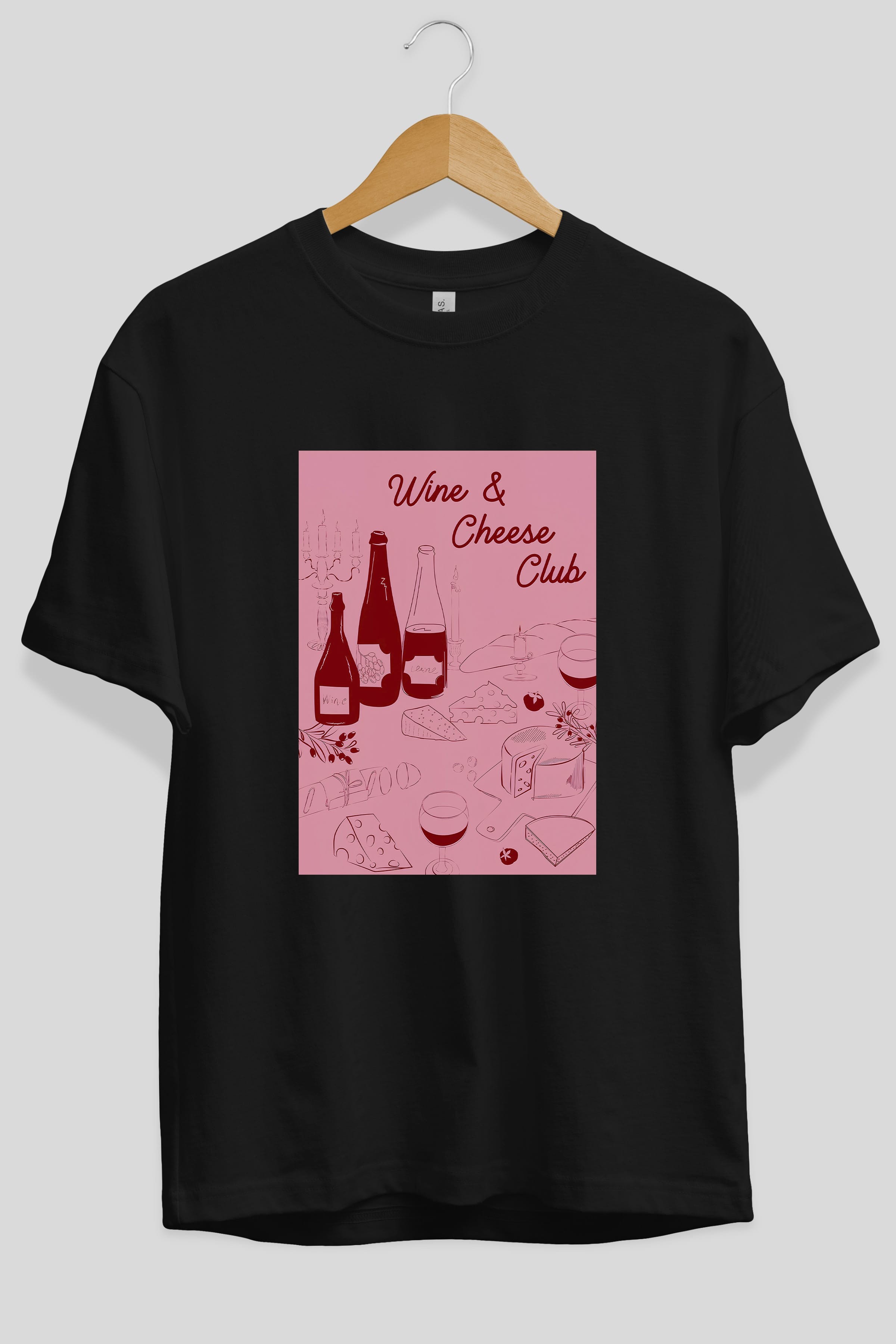 Wine Cheese Club Ön Baskılı Oversize t-shirt Erkek Kadın Unisex %100 Pamuk Bisiklet Yaka tişort