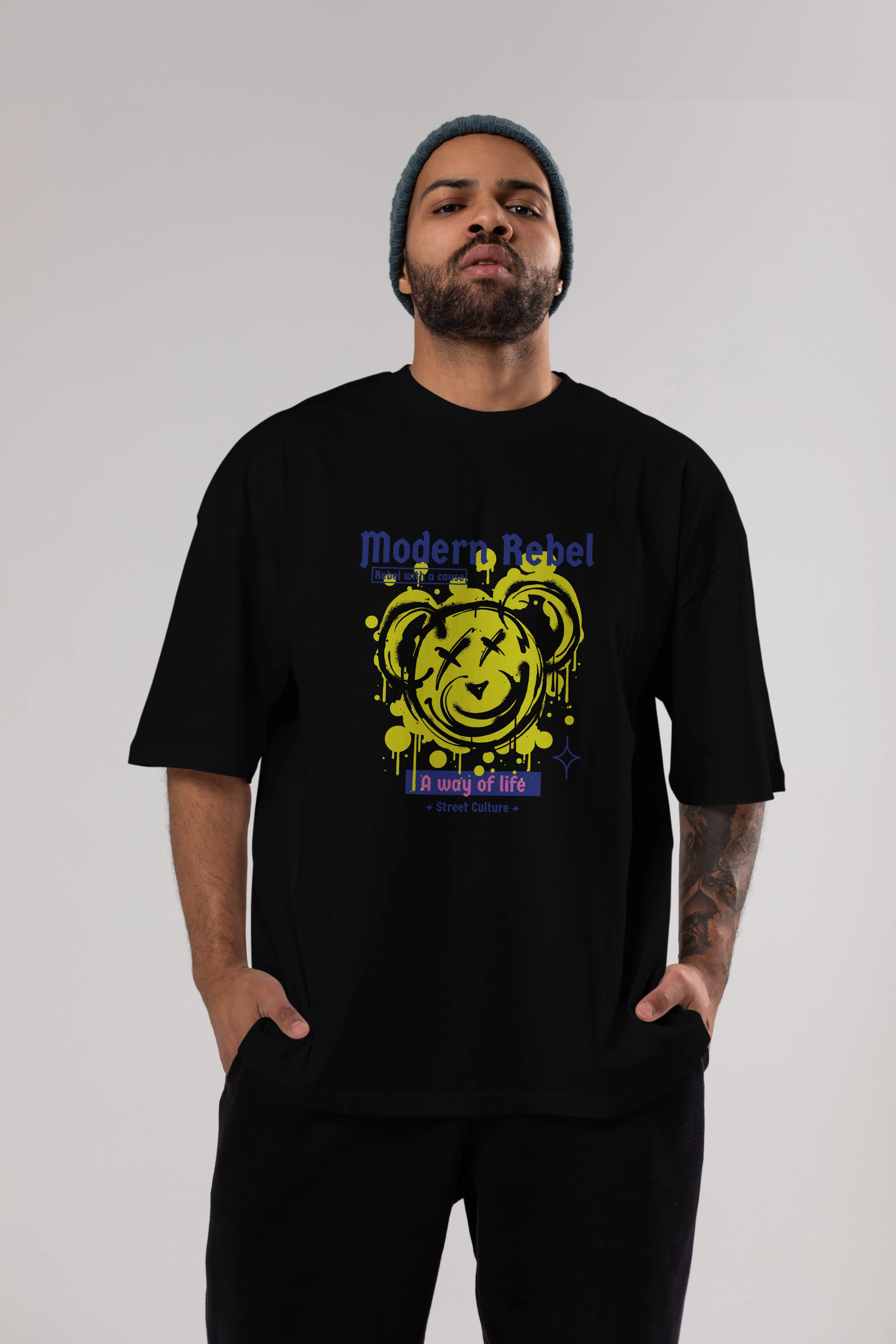 Modern Rebel Bear Ön Baskılı Oversize t-shirt Erkek Kadın Unisex