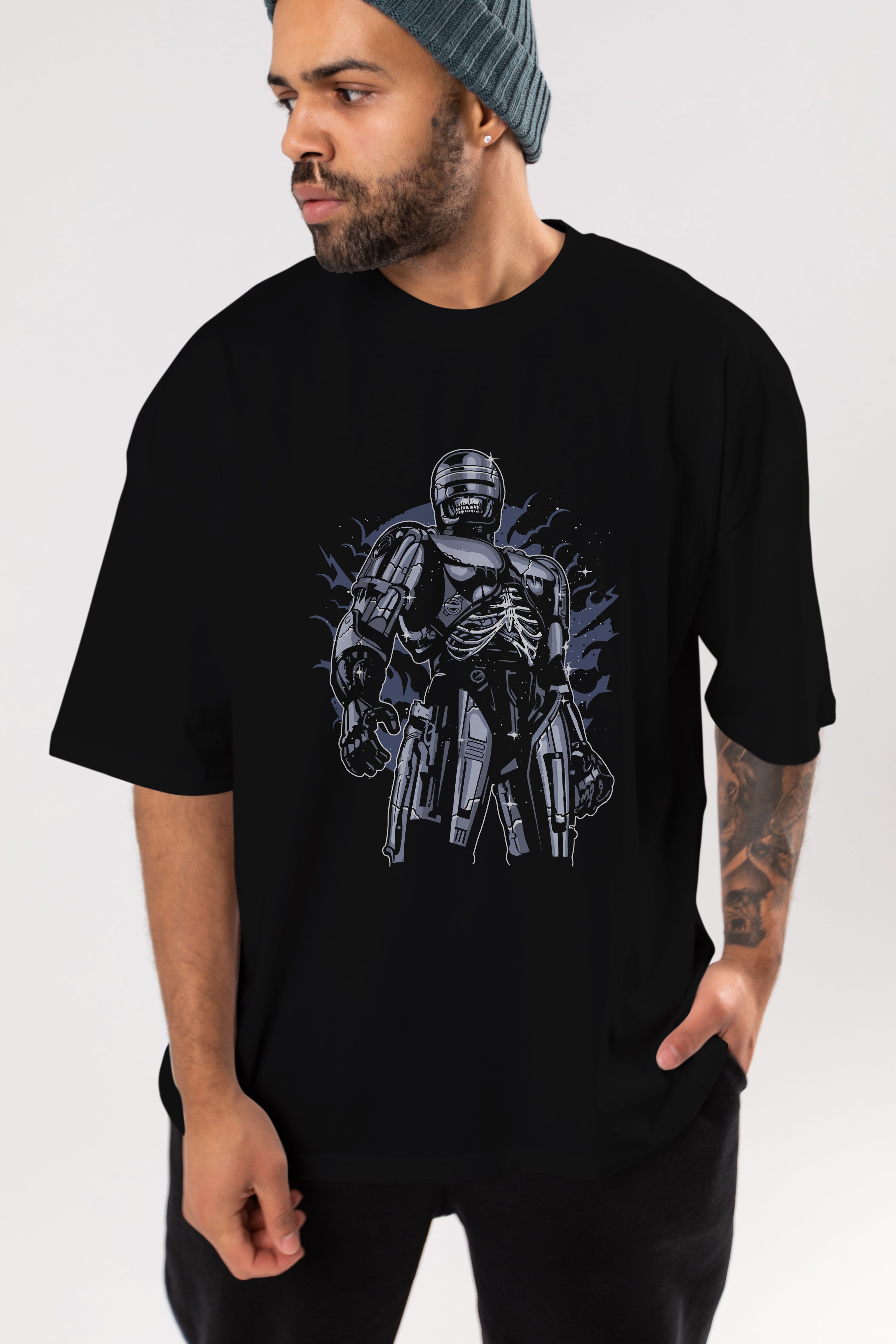 Roboskull Ön Baskılı Oversize t-shirt Erkek Kadın Unisex %100 Pamuk tişort
