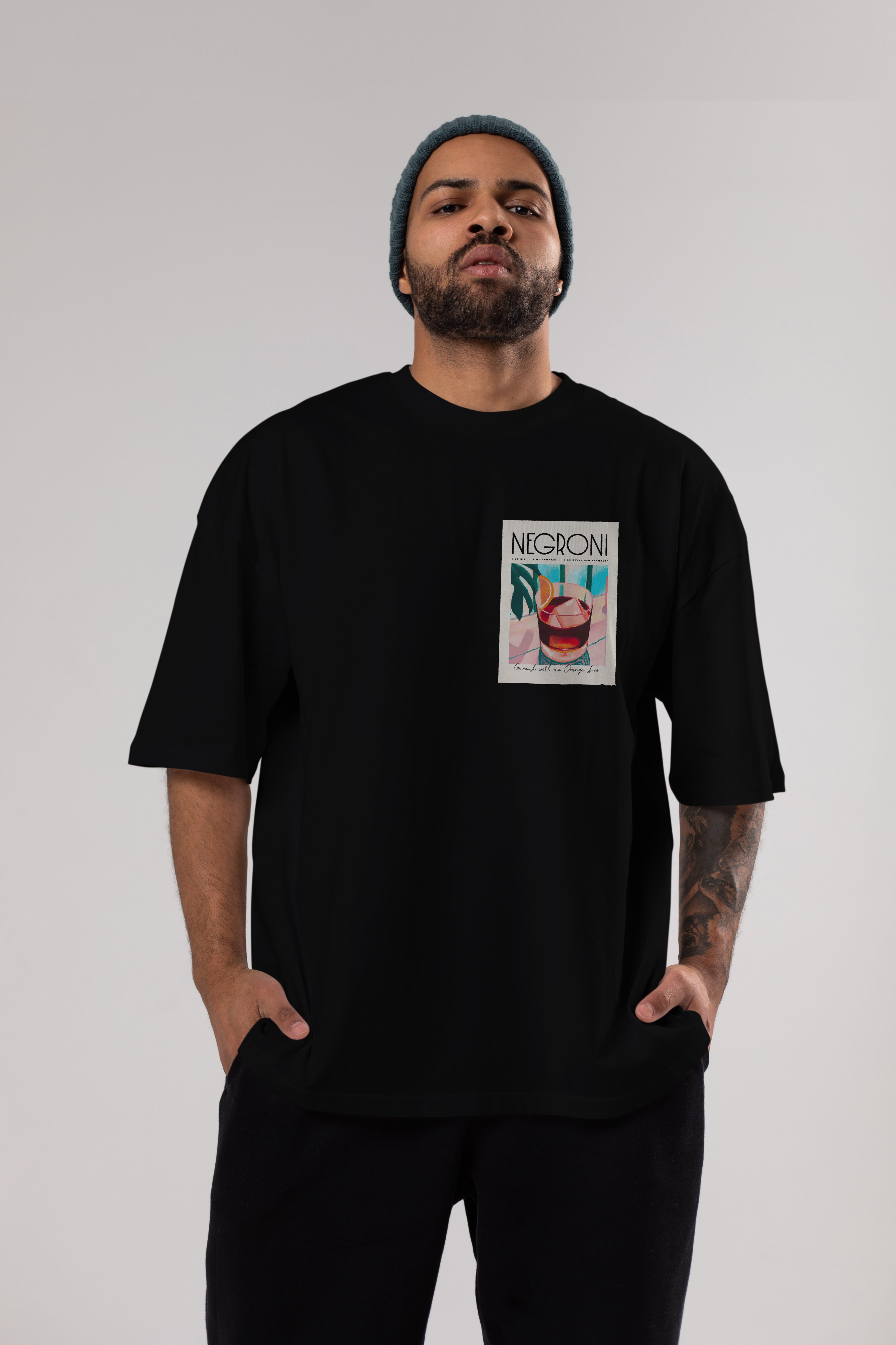 Negroni 4 Ön Sol Baskılı Oversize t-shirt Erkek Kadın Unisex %100 Pamuk Bisiklet Yaka tişort