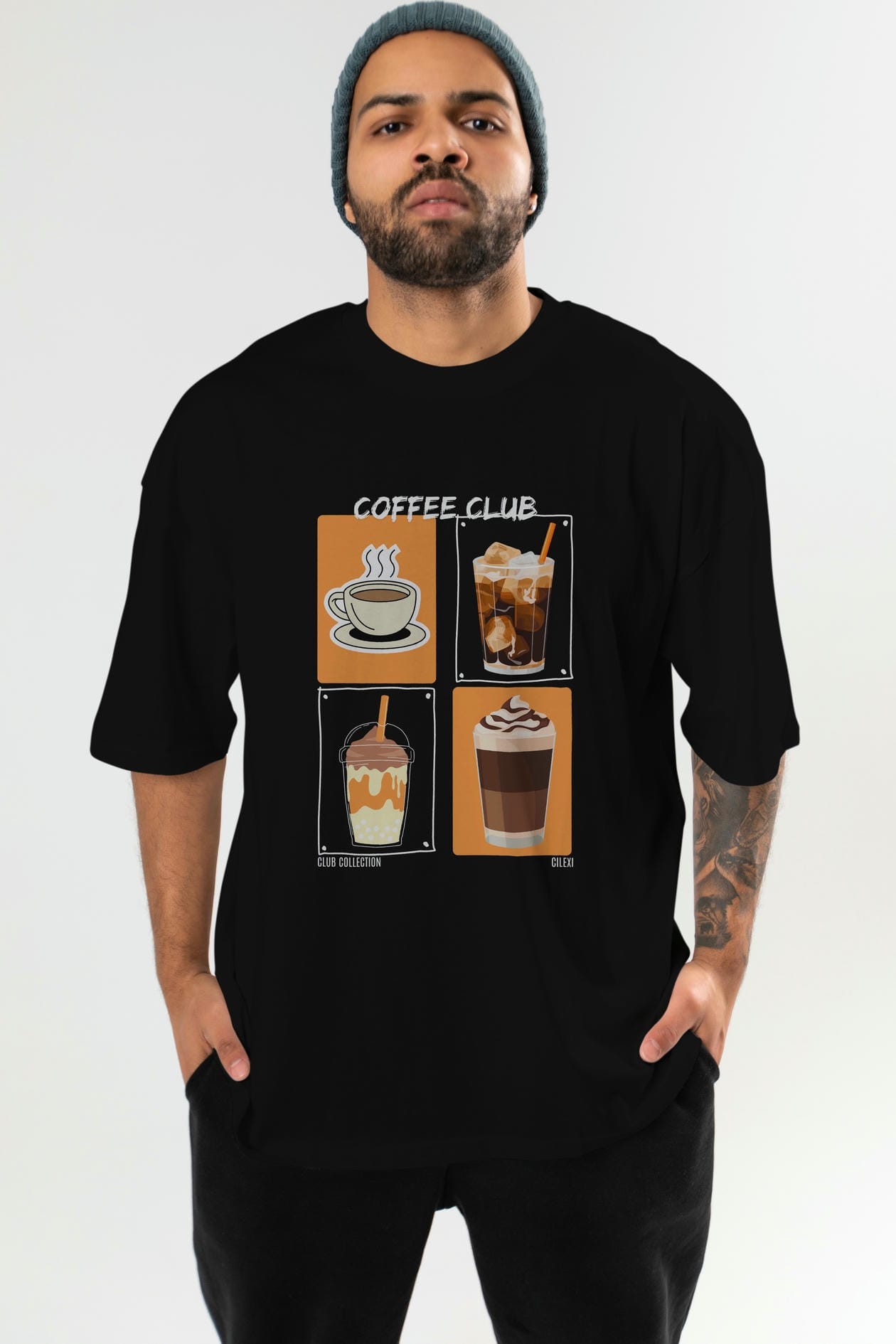 Coffee Club ön Baskılı Oversize t-shirt Erkek Kadın %100 Pamuk Bisiklet Yaka tişort