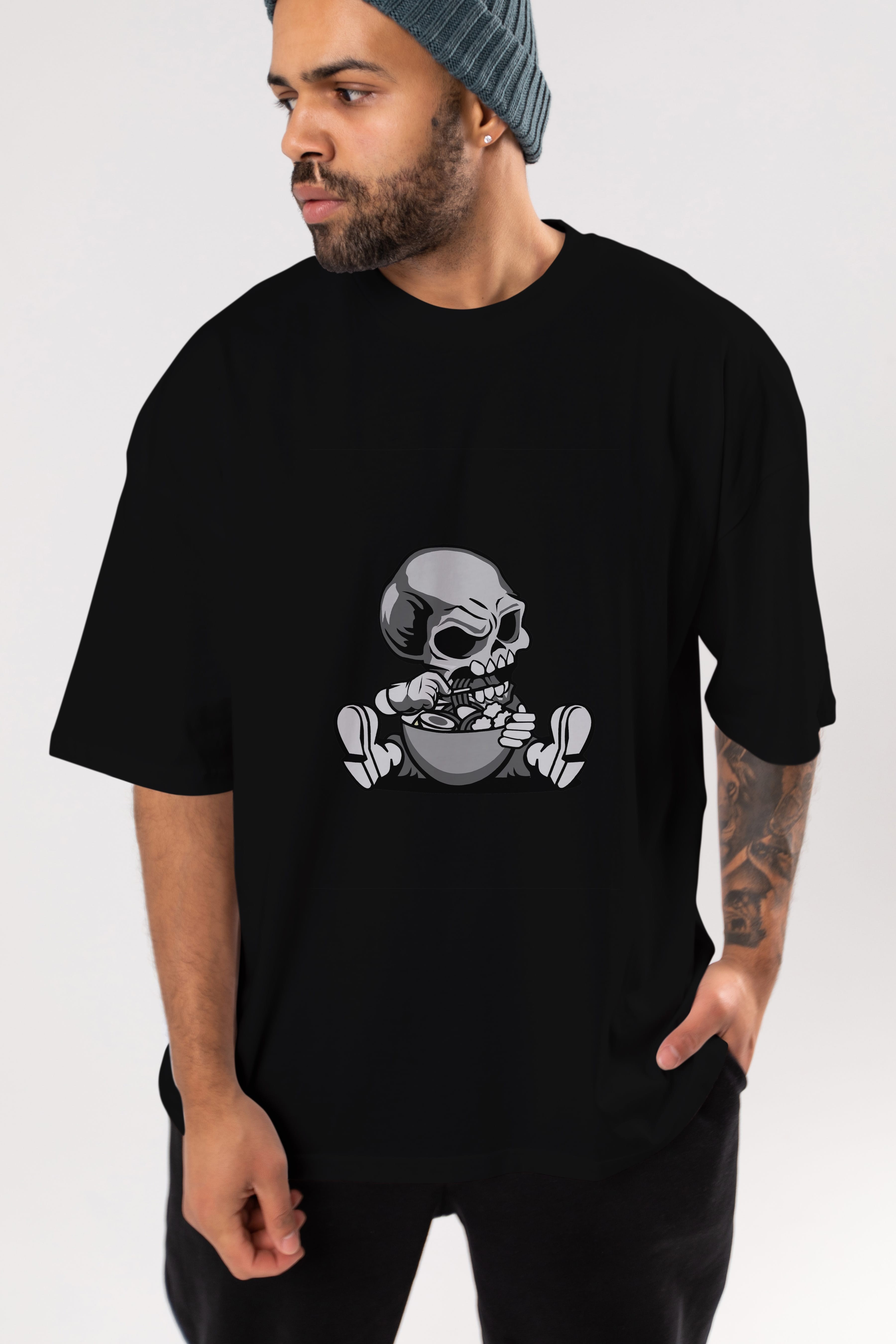Skull Eat Ramen Ön Baskılı Oversize t-shirt Erkek Kadın Unisex %100 Pamuk tişort