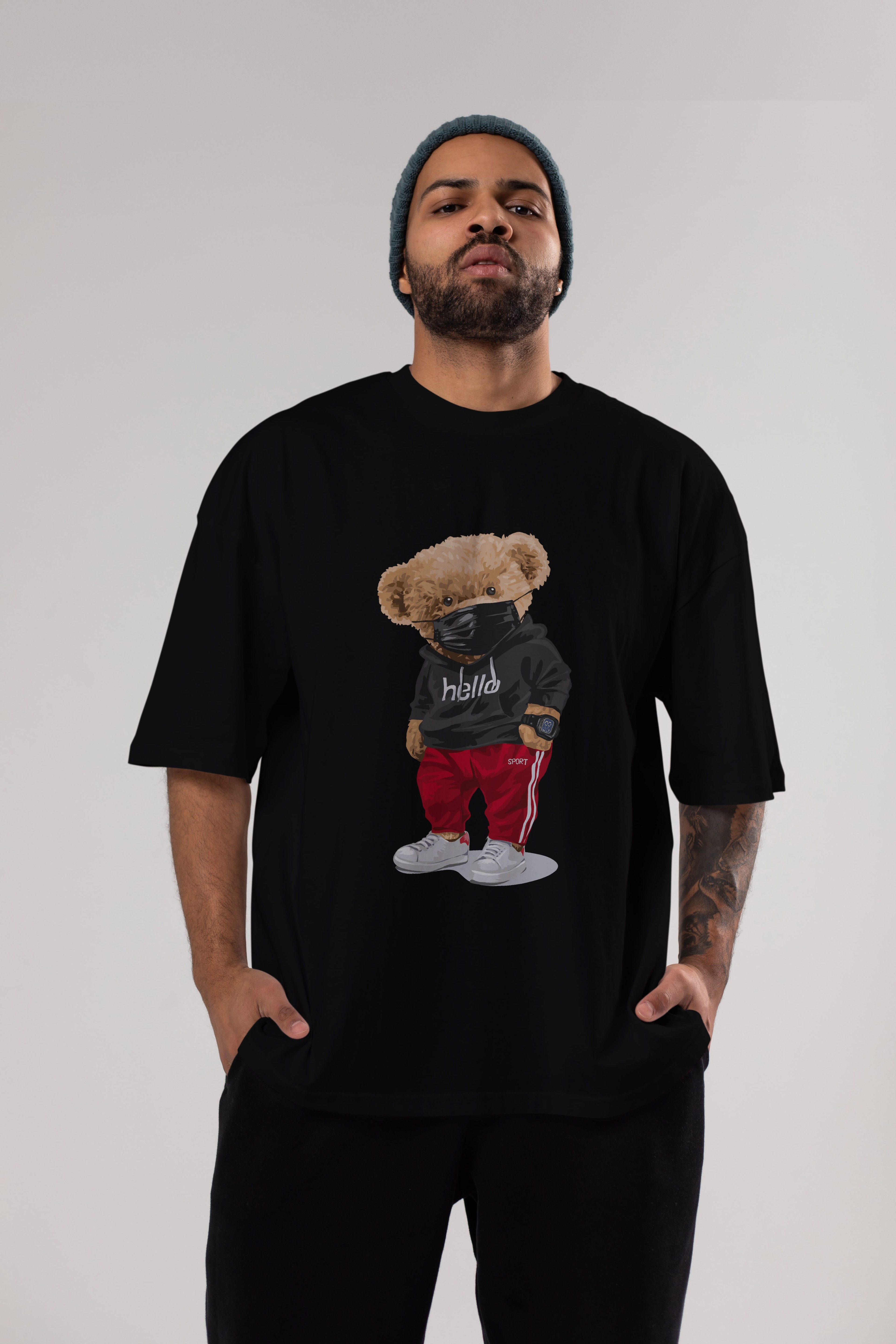 Teddy Bear Hello Sport Ön Baskılı Oversize t-shirt Erkek Kadın Unisex %100 Pamuk