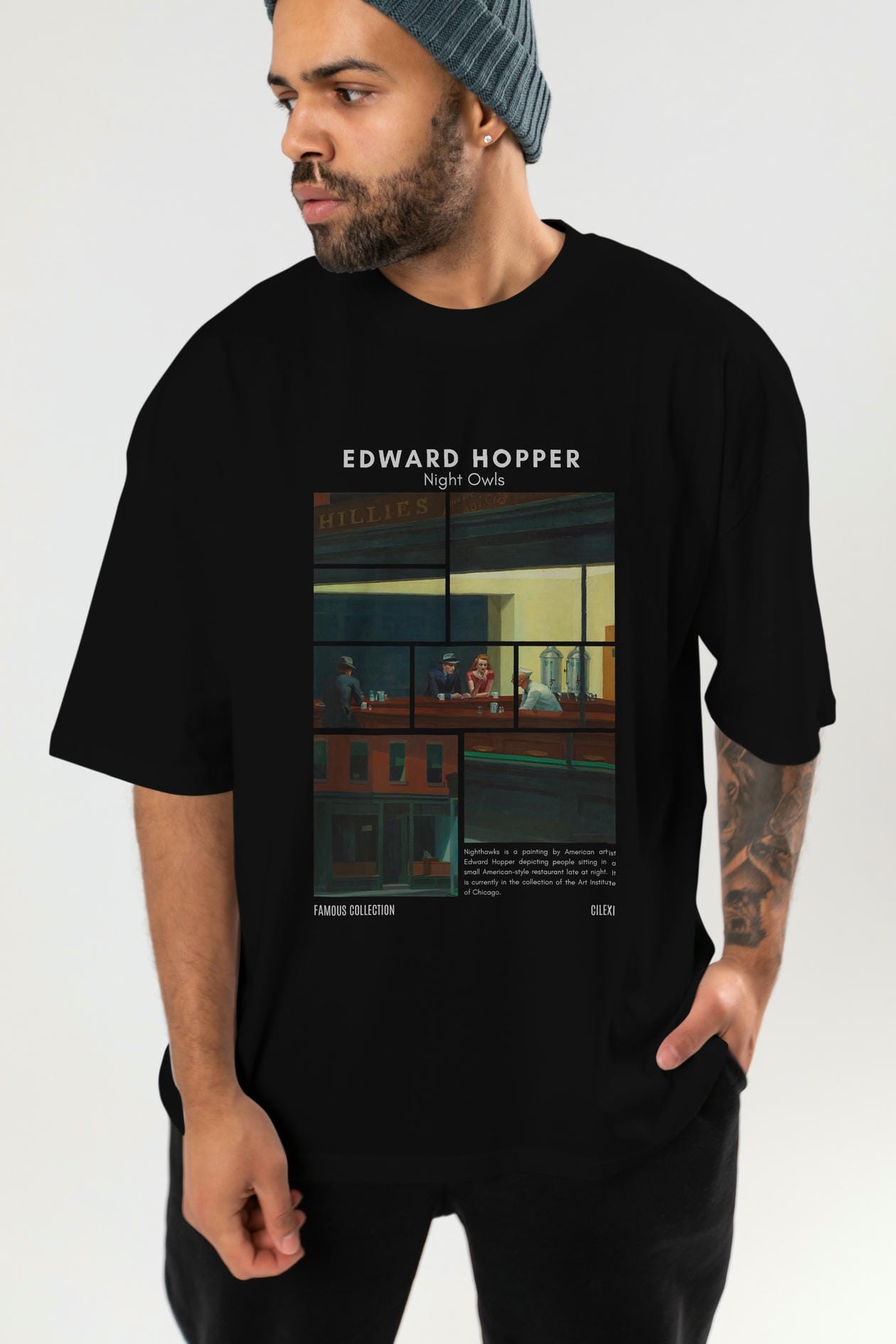 Edward Hopper Night Owls ön Baskılı Oversize t-shirt Erkek Kadın Bisiklet Yaka Pamuk tişort