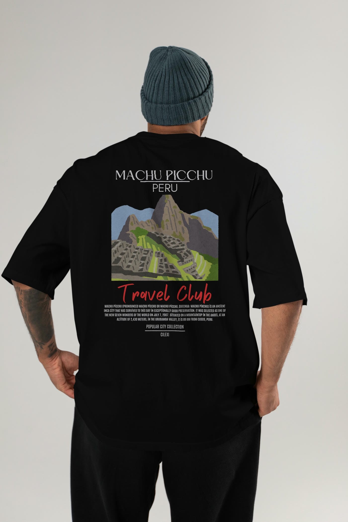 Machu Picchu Peru Arka Baskılı Oversize t-shirt Erkek Kadın Pamuk Bisiklet Yaka tişort