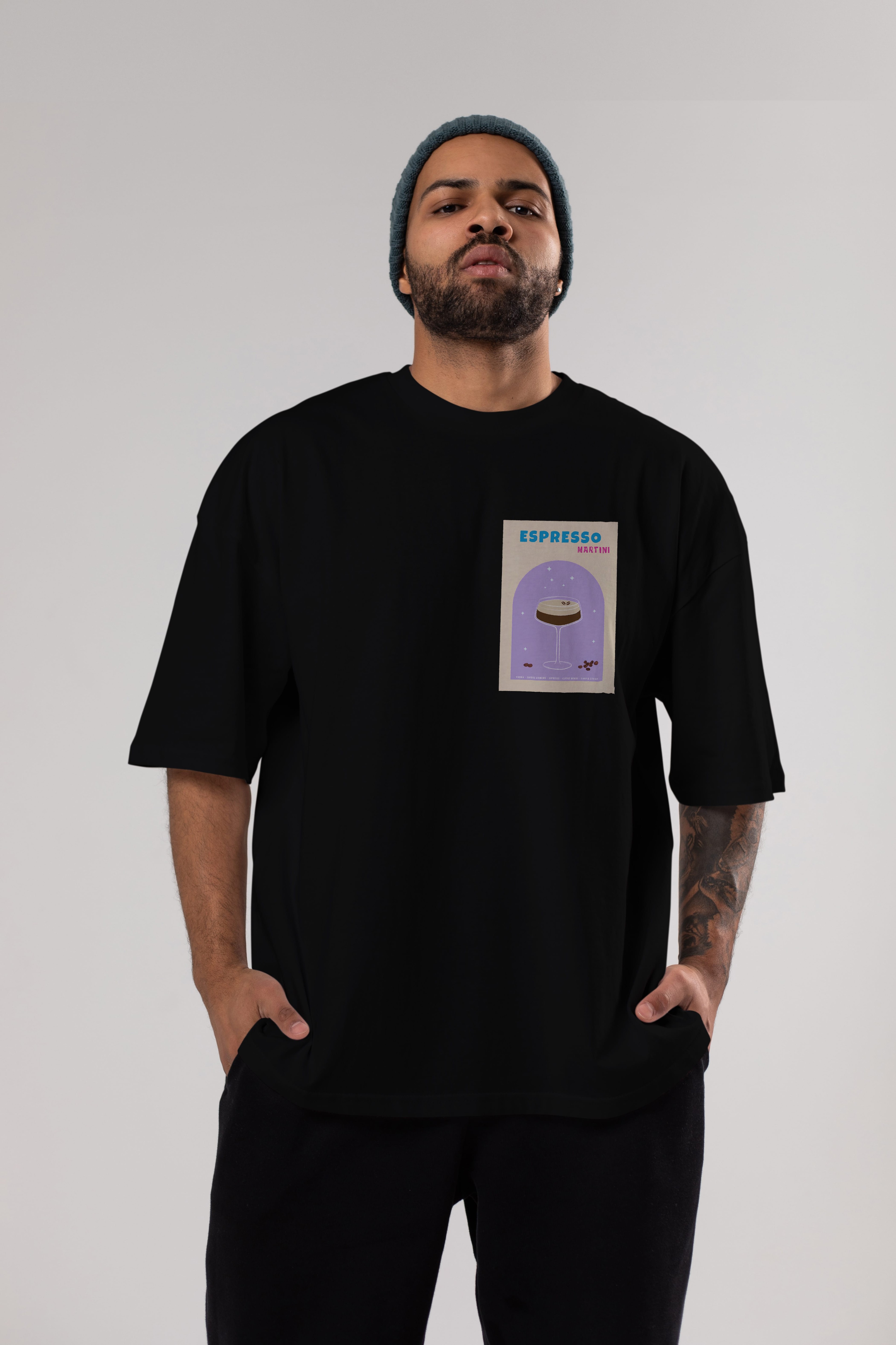 Espresso Martini 5 Ön Sol Baskılı Oversize t-shirt Erkek Kadın Unisex %100 Pamuk Bisiklet Yaka tişort