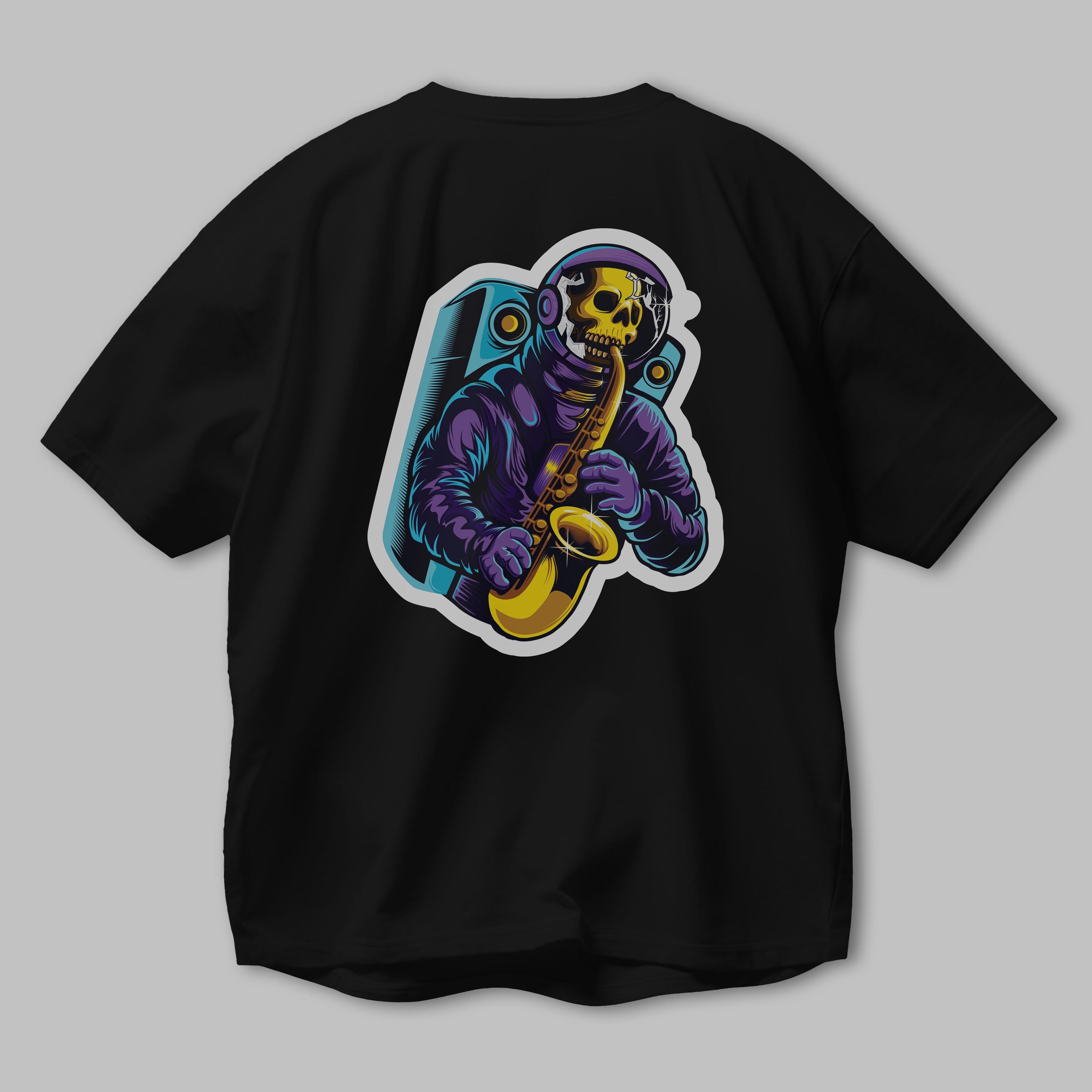 Astroskull Saxophonist Sticker Arka Baskılı Oversize t-shirt Erkek Kadın Unisex