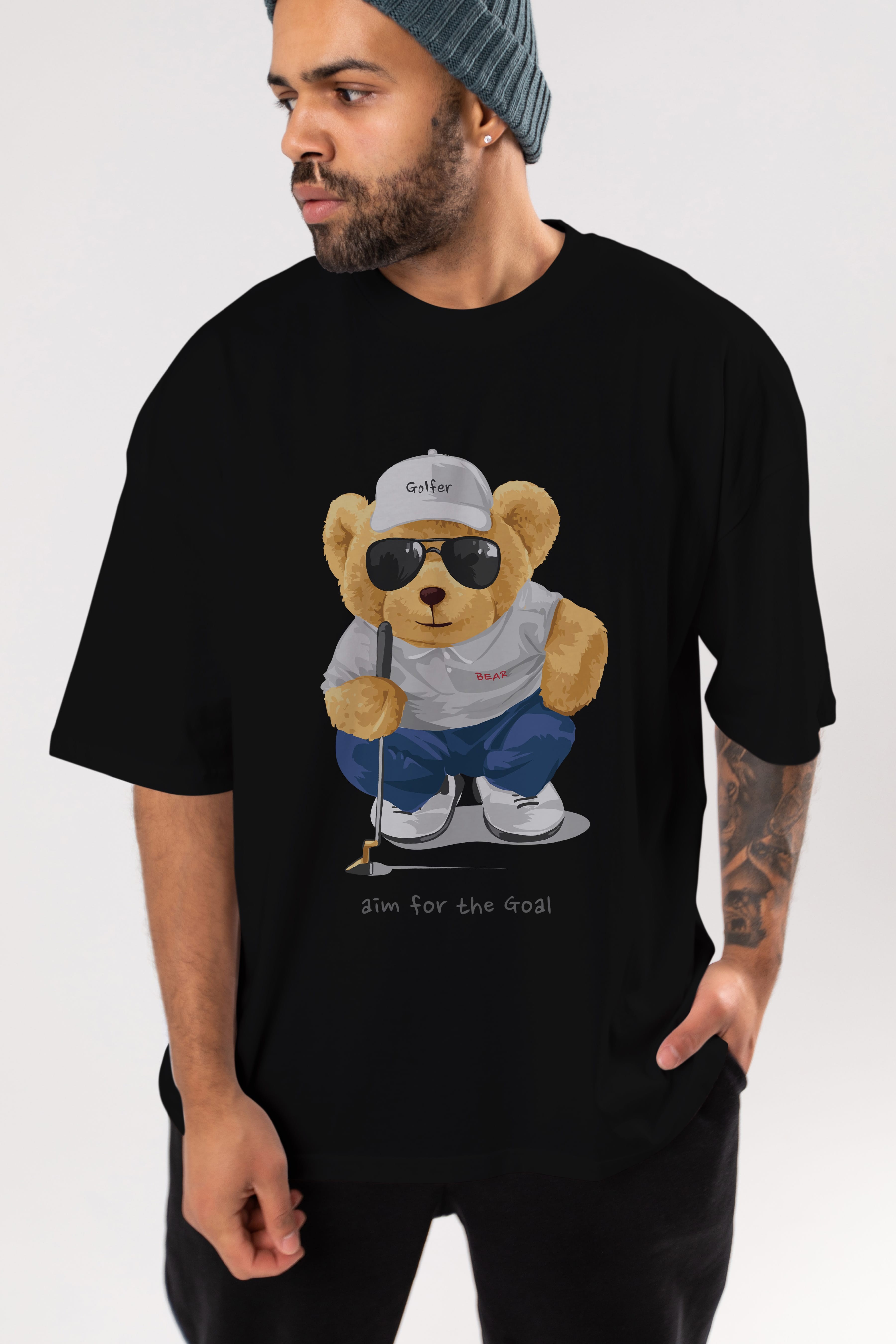 Teddy Bear Golfer Ön Baskılı Oversize t-shirt Erkek Kadın Unisex %100 Pamuk