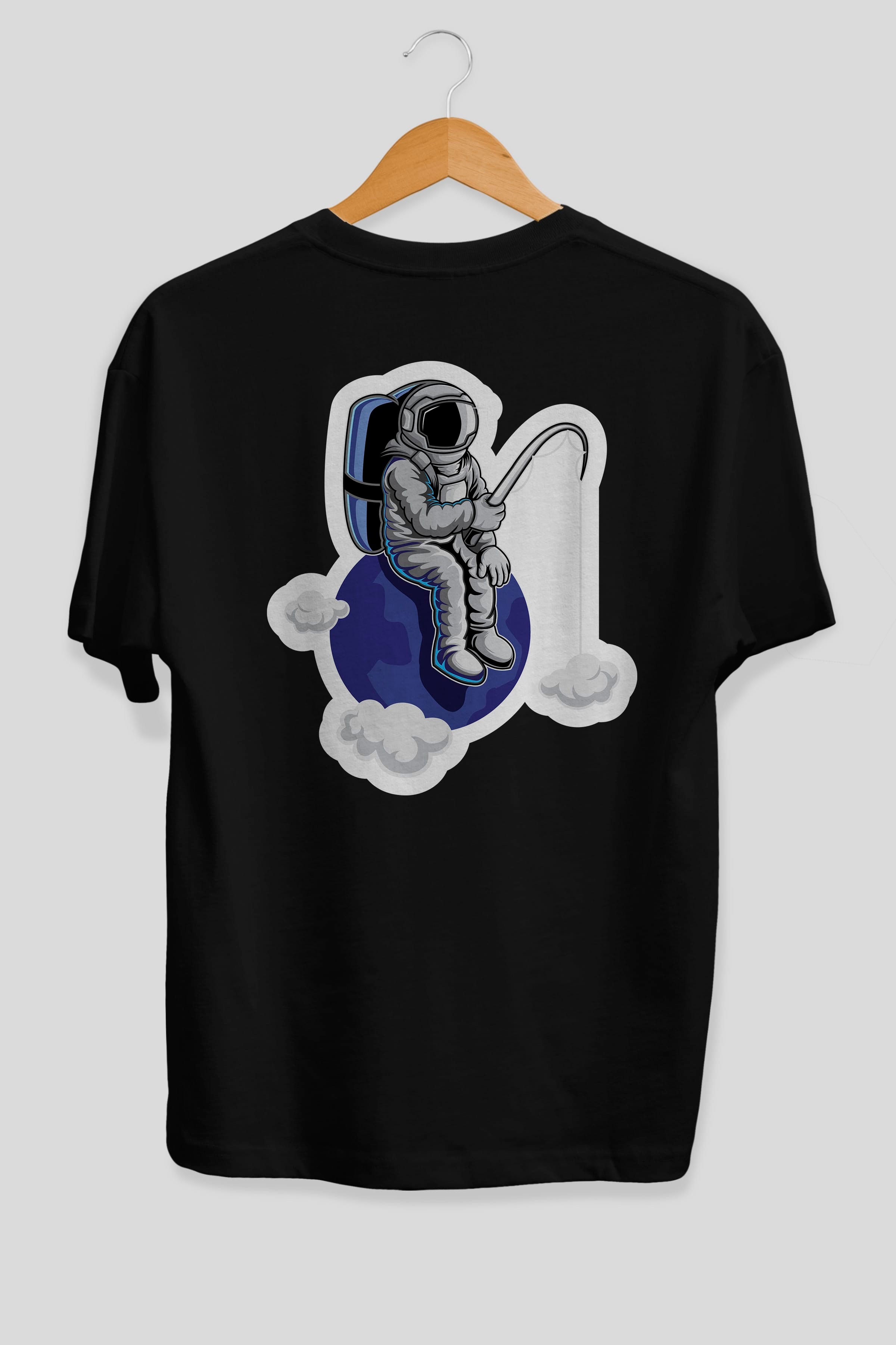 Astronaut Fishing Sticker Arka Baskılı Oversize t-shirt Erkek Kadın Unisex